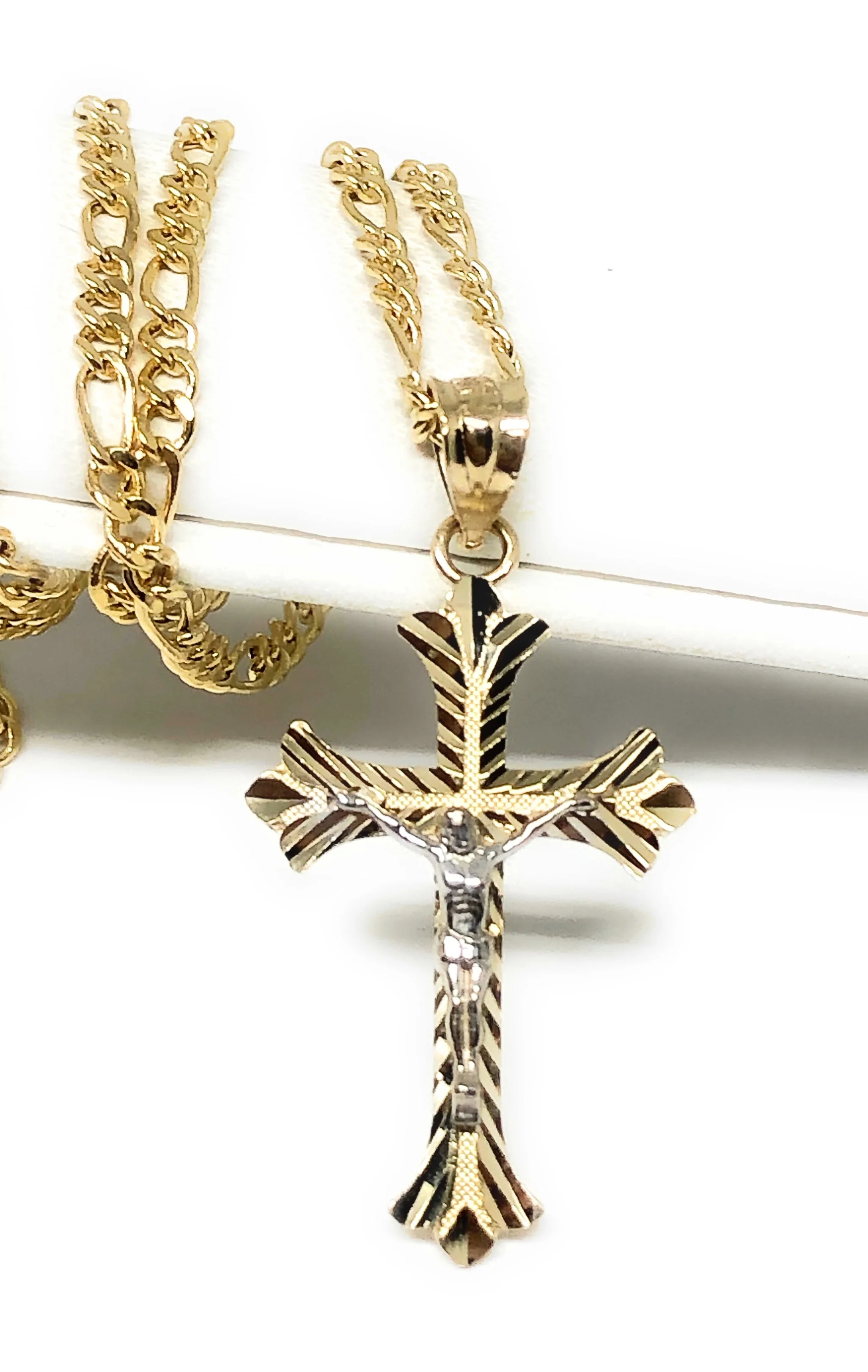 14k Solid Gold 2-Tone Classic Jesus Cross Pendant Necklace Crucifix With Figaro Chain