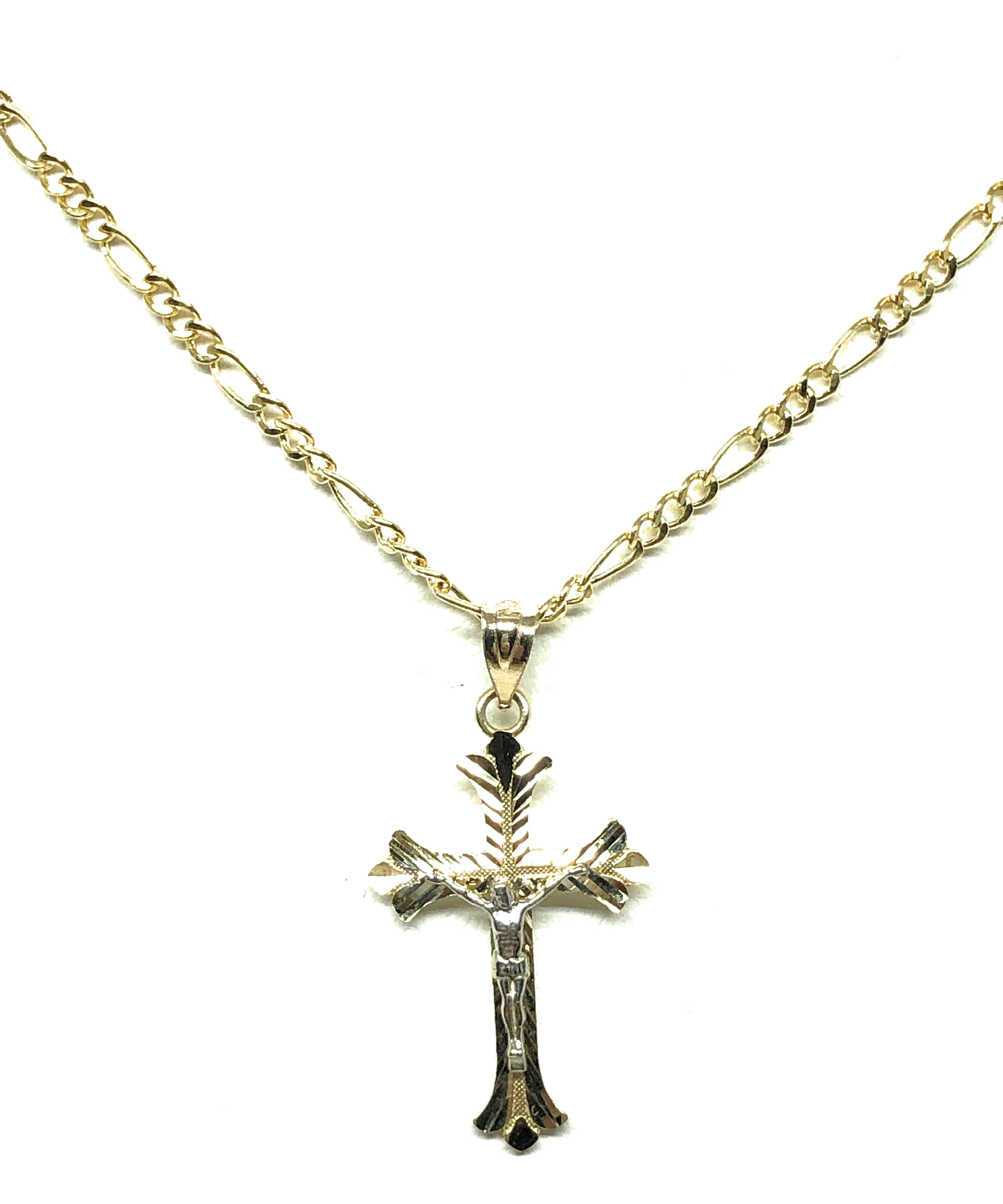 14k Solid Gold 2-Tone Classic Jesus Cross Pendant Necklace Crucifix With Figaro Chain - Image 2