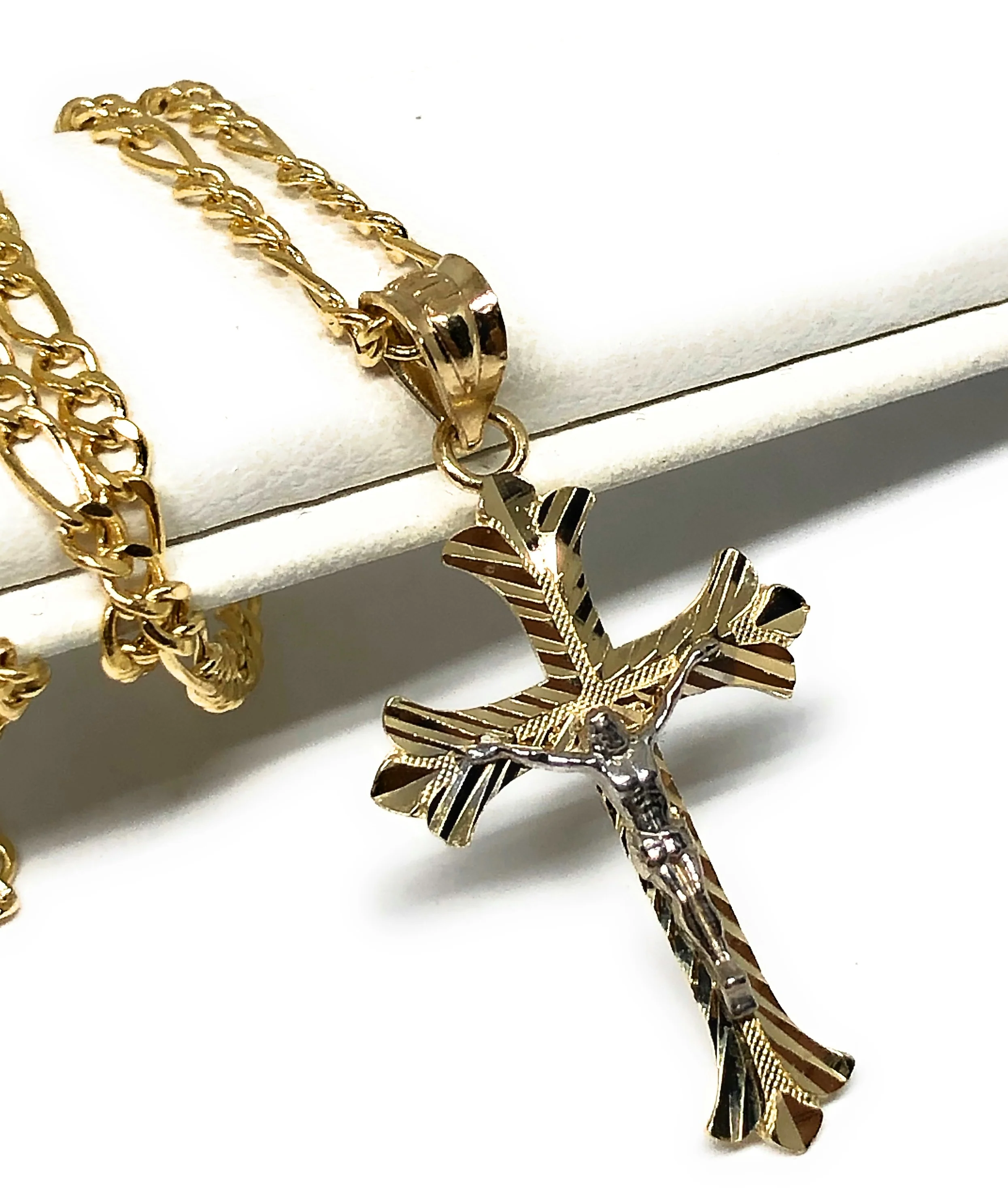 14k Solid Gold 2-Tone Classic Jesus Cross Pendant Necklace Crucifix With Figaro Chain - Image 3
