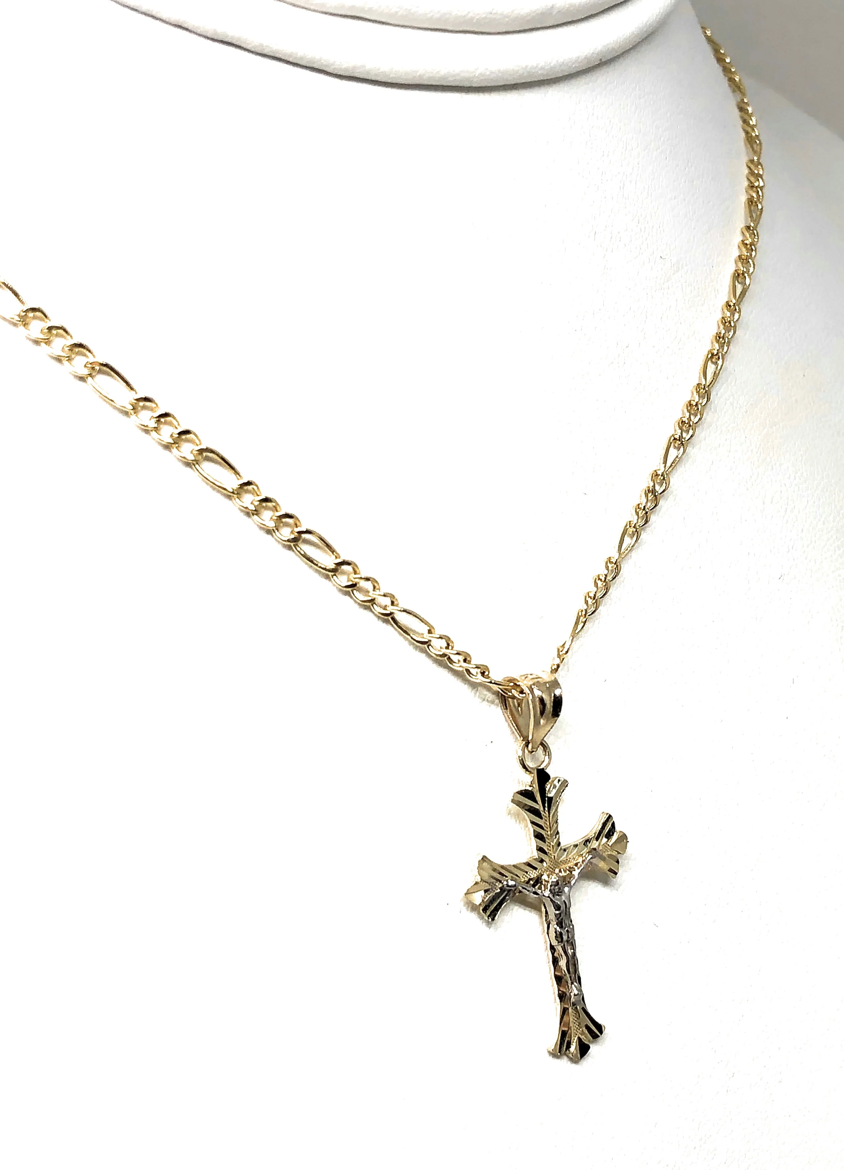 14k Solid Gold 2-Tone Classic Jesus Cross Pendant Necklace Crucifix With Figaro Chain - Image 4