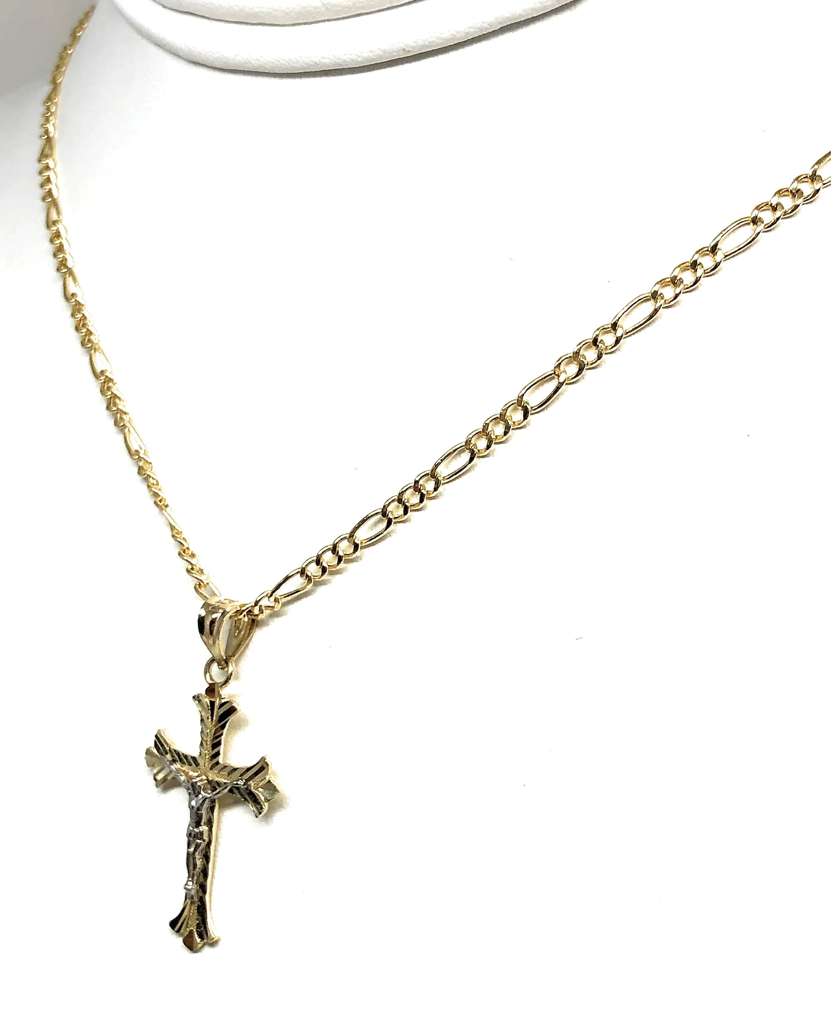 14k Solid Gold 2-Tone Classic Jesus Cross Pendant Necklace Crucifix With Figaro Chain - Image 5
