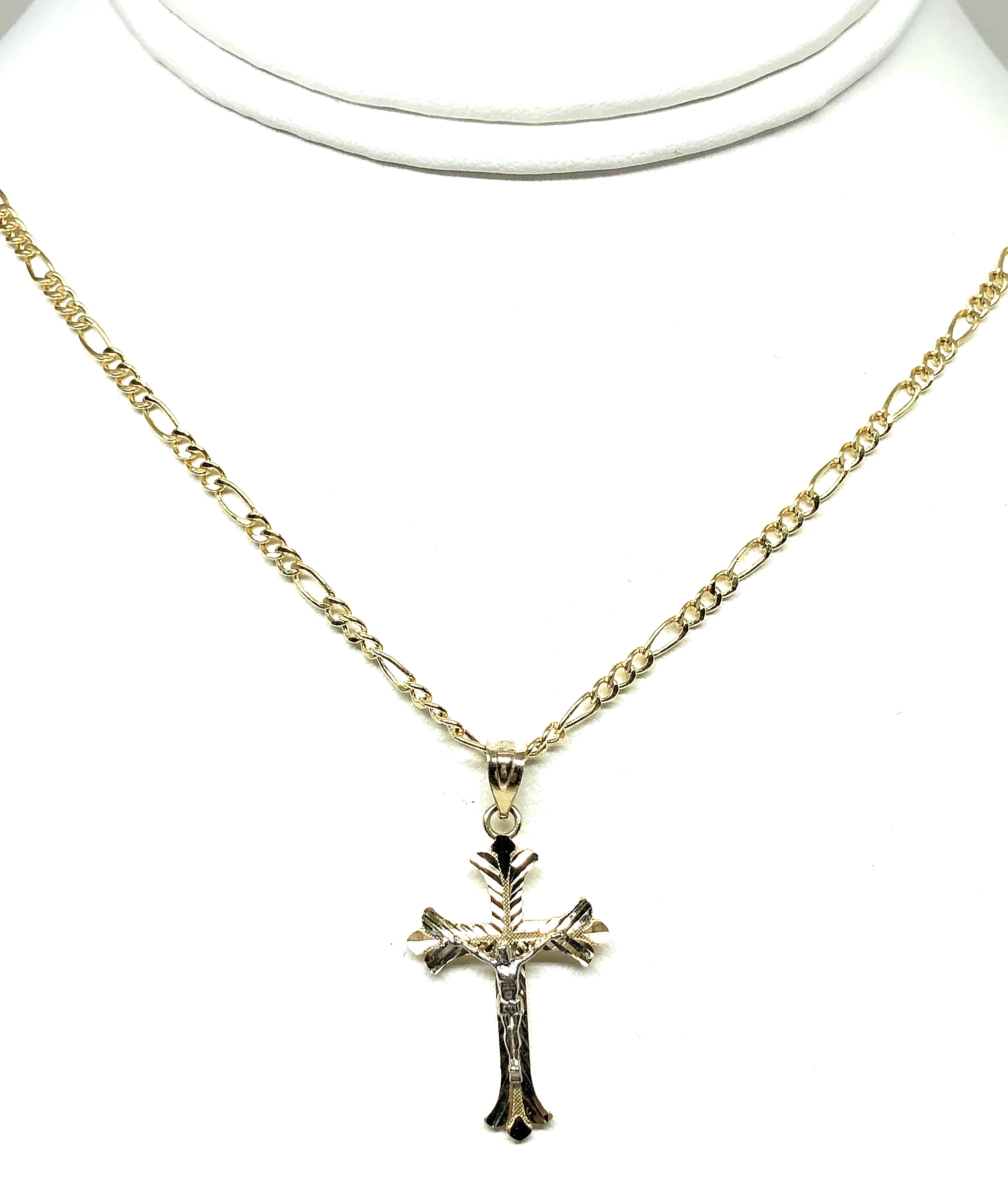 14k Solid Gold 2-Tone Classic Jesus Cross Pendant Necklace Crucifix With Figaro Chain - Image 6