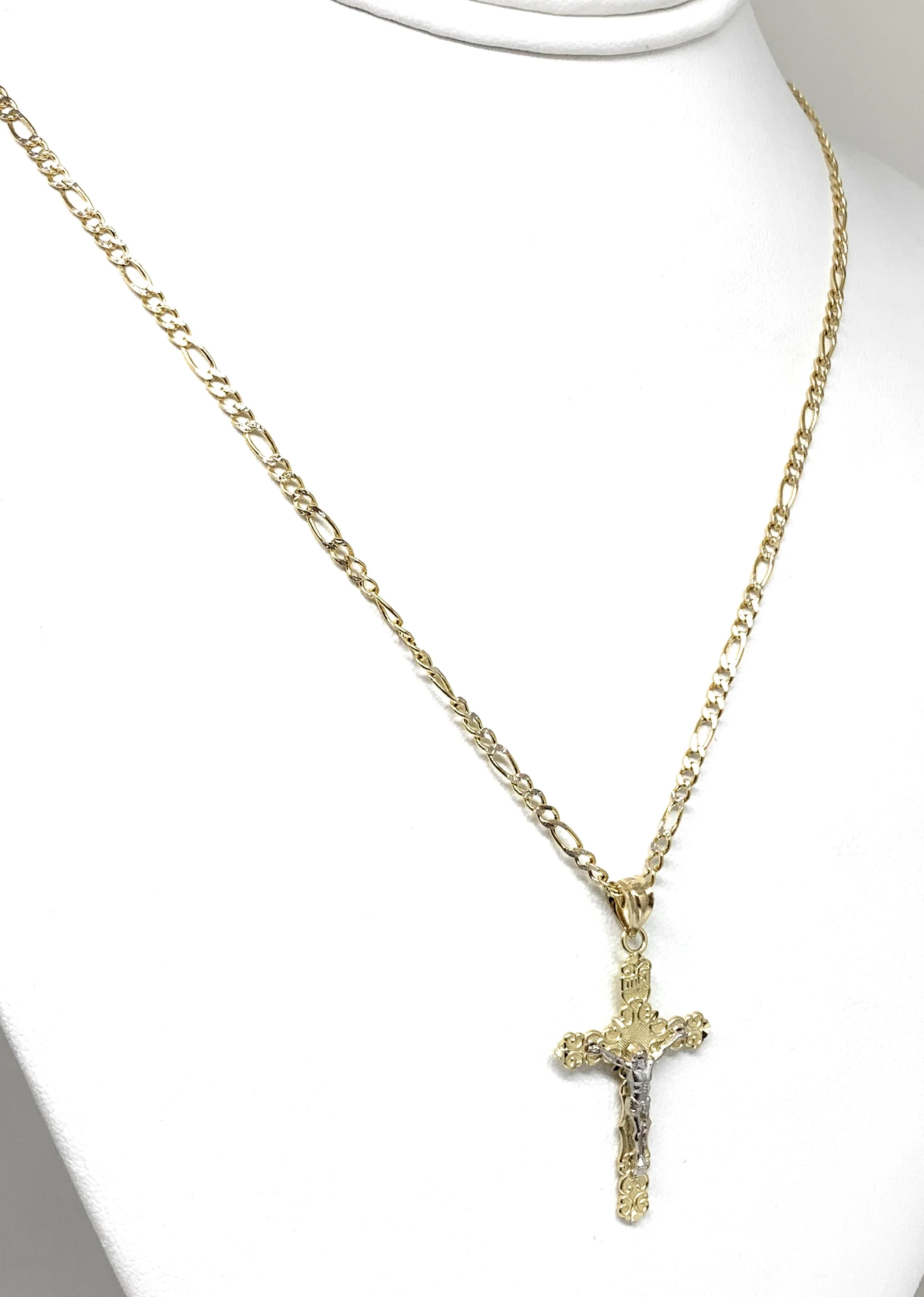 14k Solid Gold 2-Tone Classic Jesus Cross Pendant Necklace Crucifix With Figaro Chain - Image 4