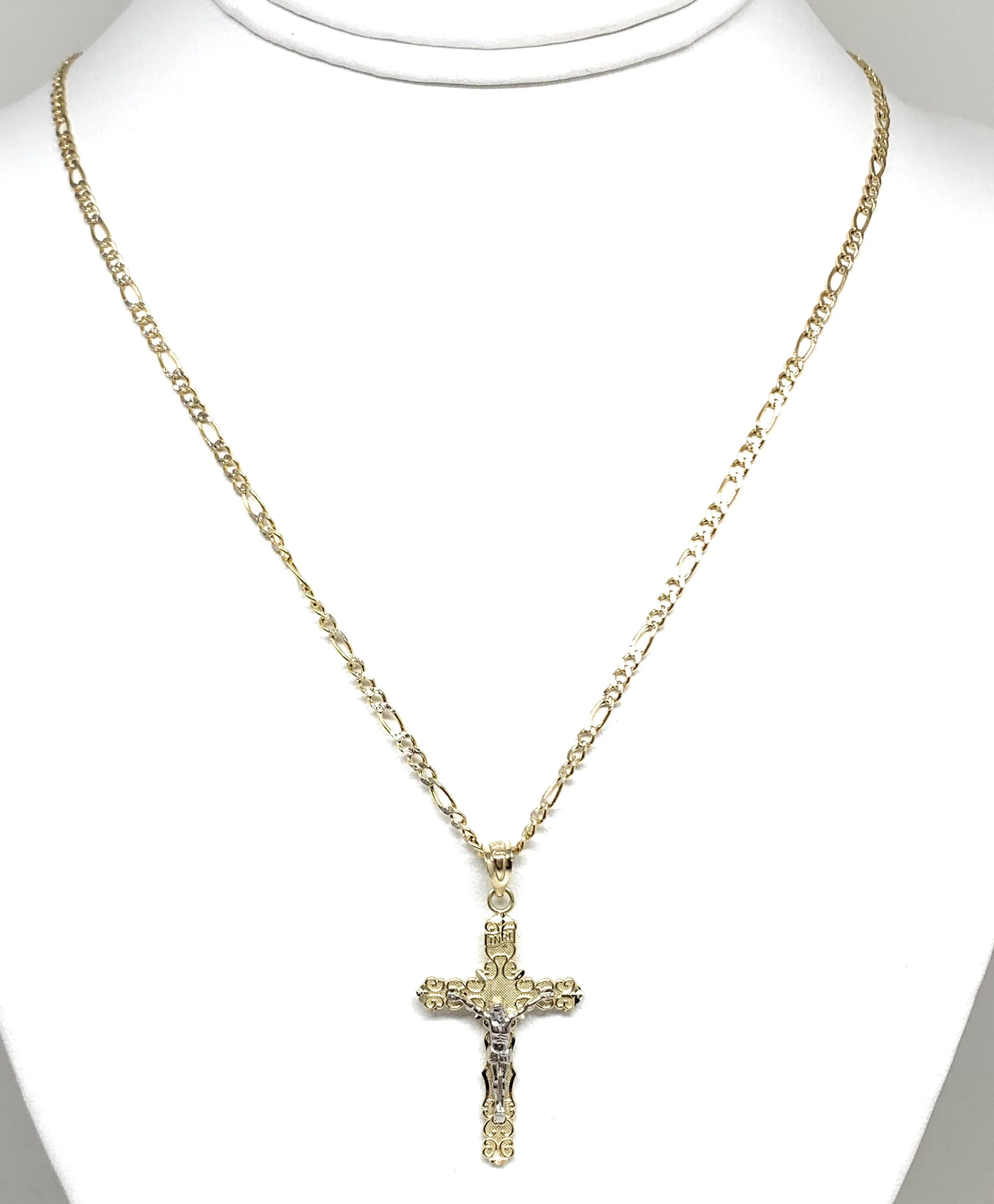 14k Solid Gold 2-Tone Classic Jesus Cross Pendant Necklace Crucifix With Figaro Chain - Image 6