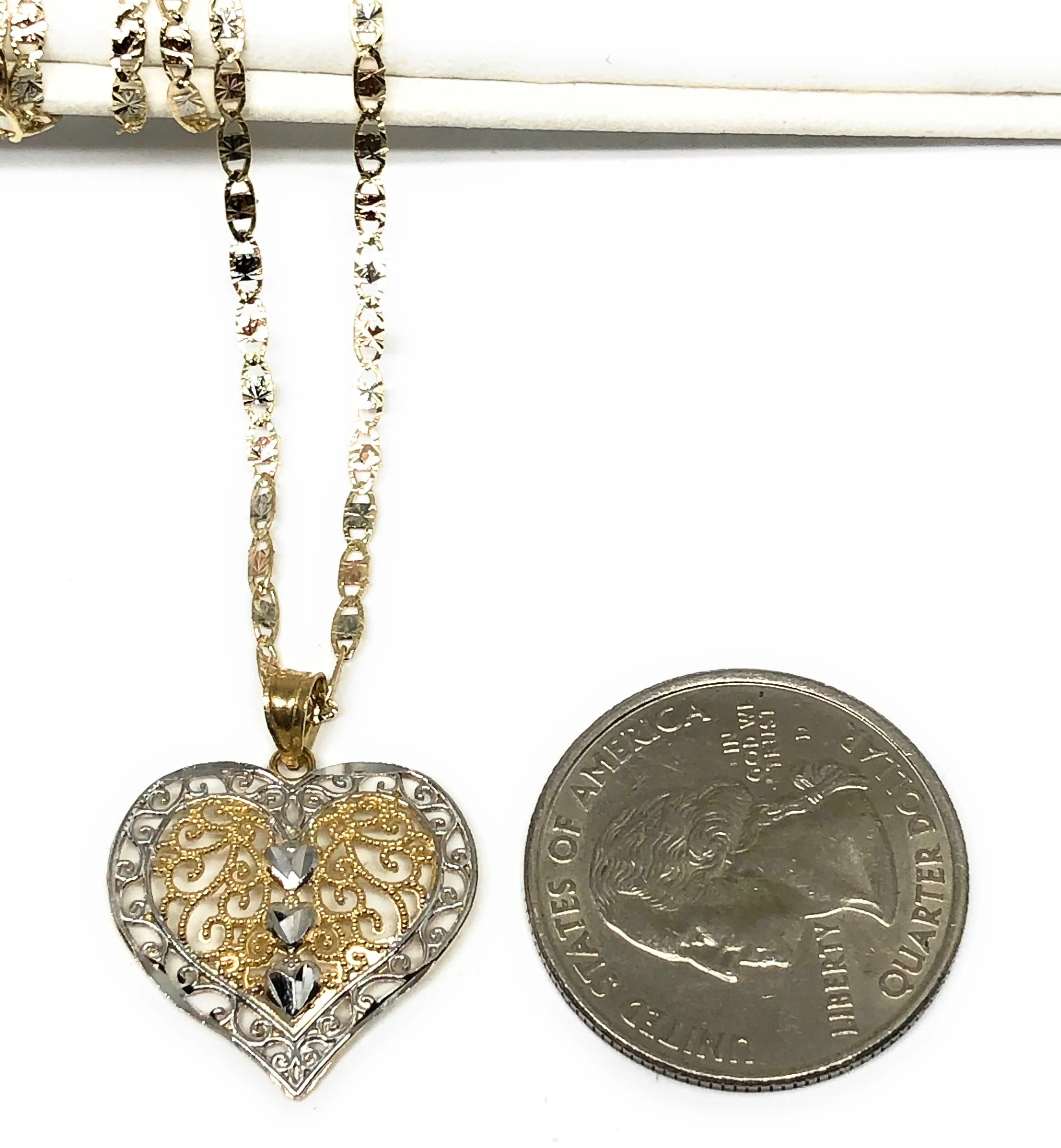 14k Solid Gold 2-Tone Heart Filigree Pendant Necklace With Valentina Chain - Image 2