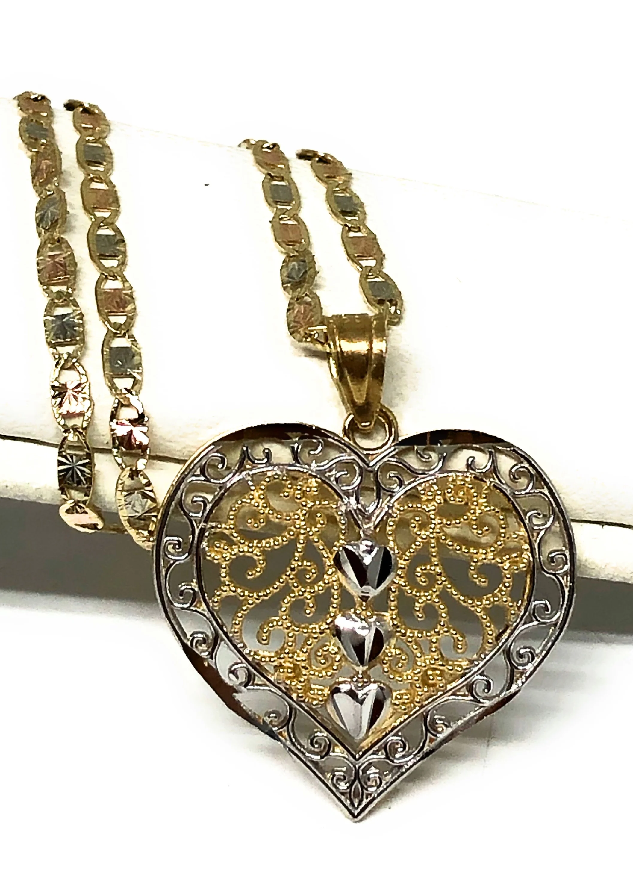 14k Solid Gold 2-Tone Heart Filigree Pendant Necklace With Valentina Chain - Image 3