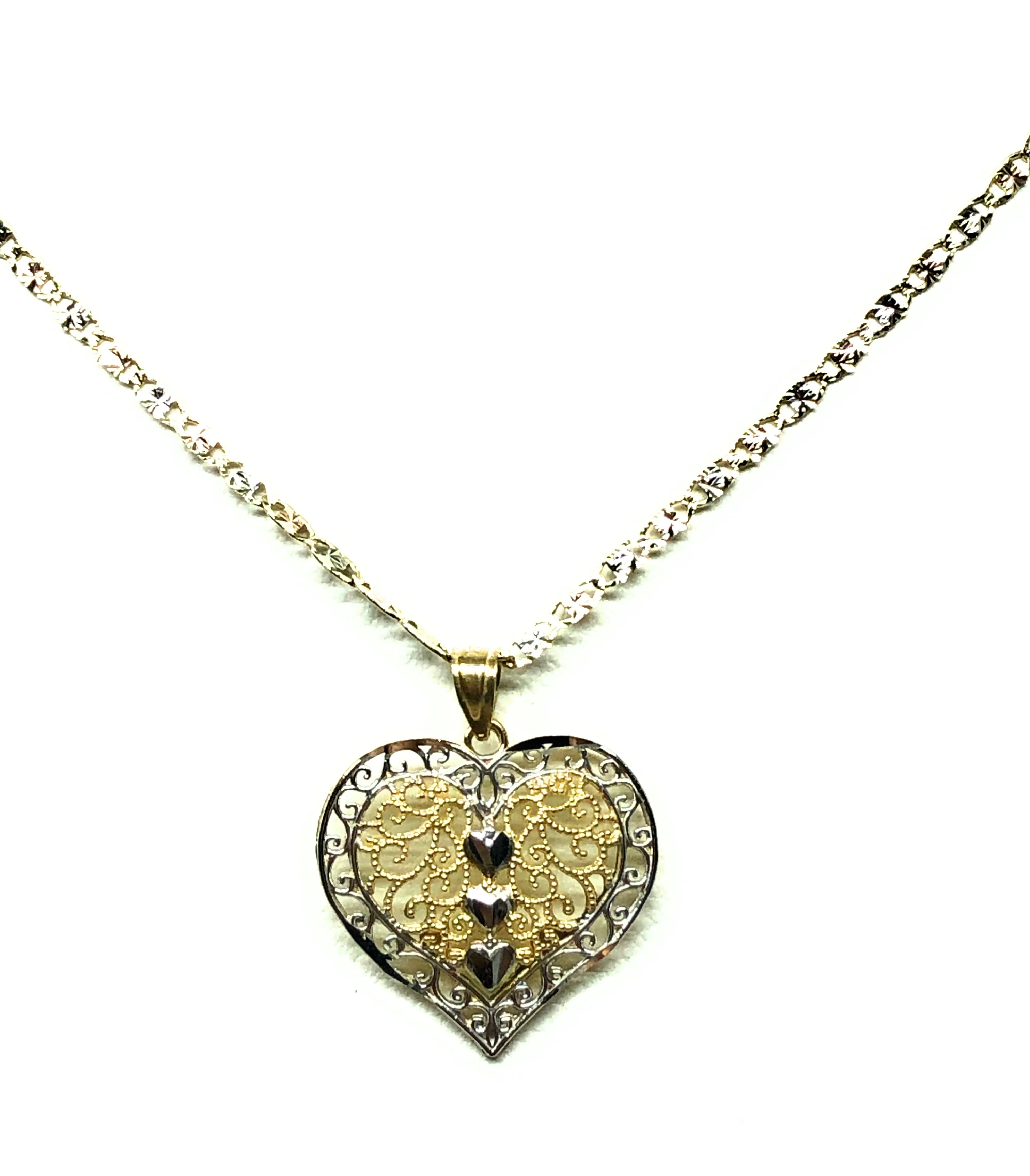 14k Solid Gold 2-Tone Heart Filigree Pendant Necklace With Valentina Chain - Image 4