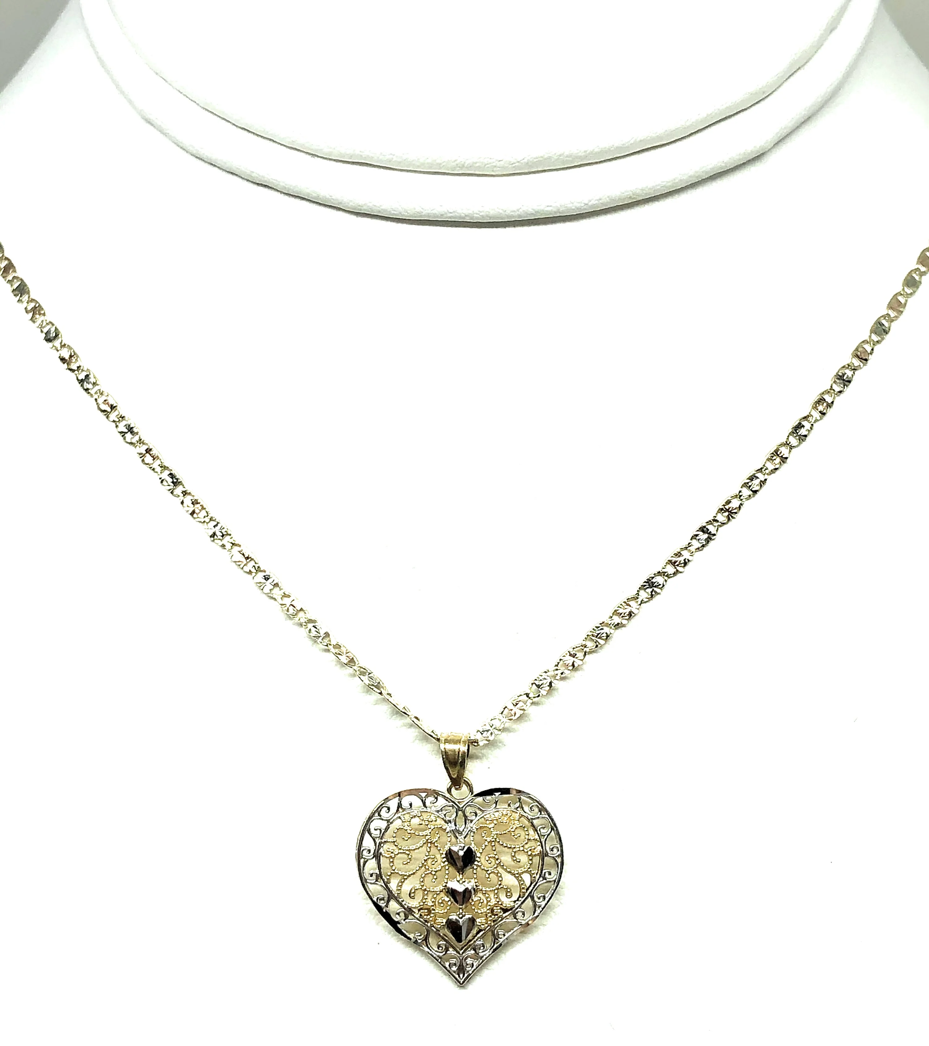 14k Solid Gold 2-Tone Heart Filigree Pendant Necklace With Valentina Chain - Image 5