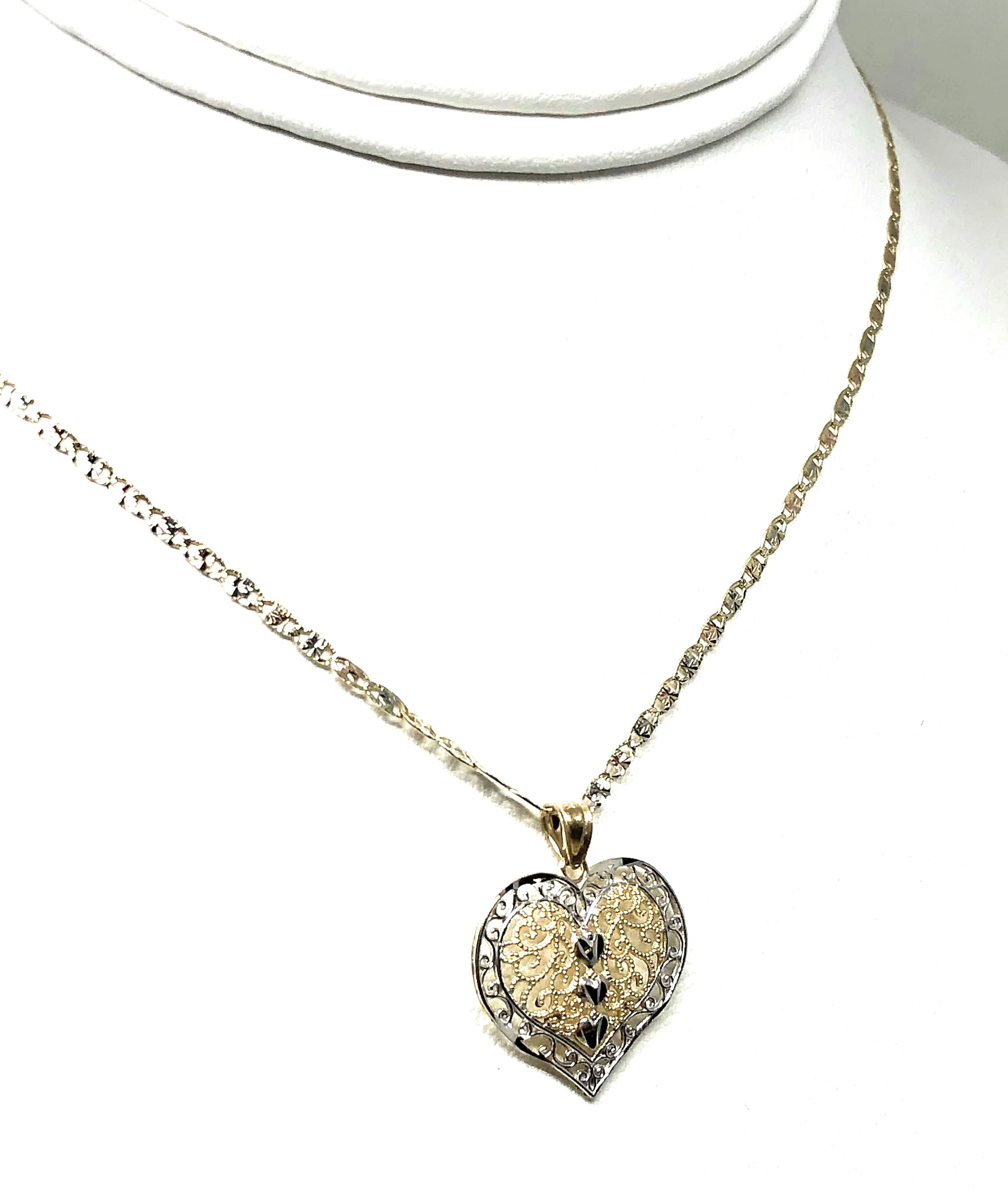 14k Solid Gold 2-Tone Heart Filigree Pendant Necklace With Valentina Chain - Image 6
