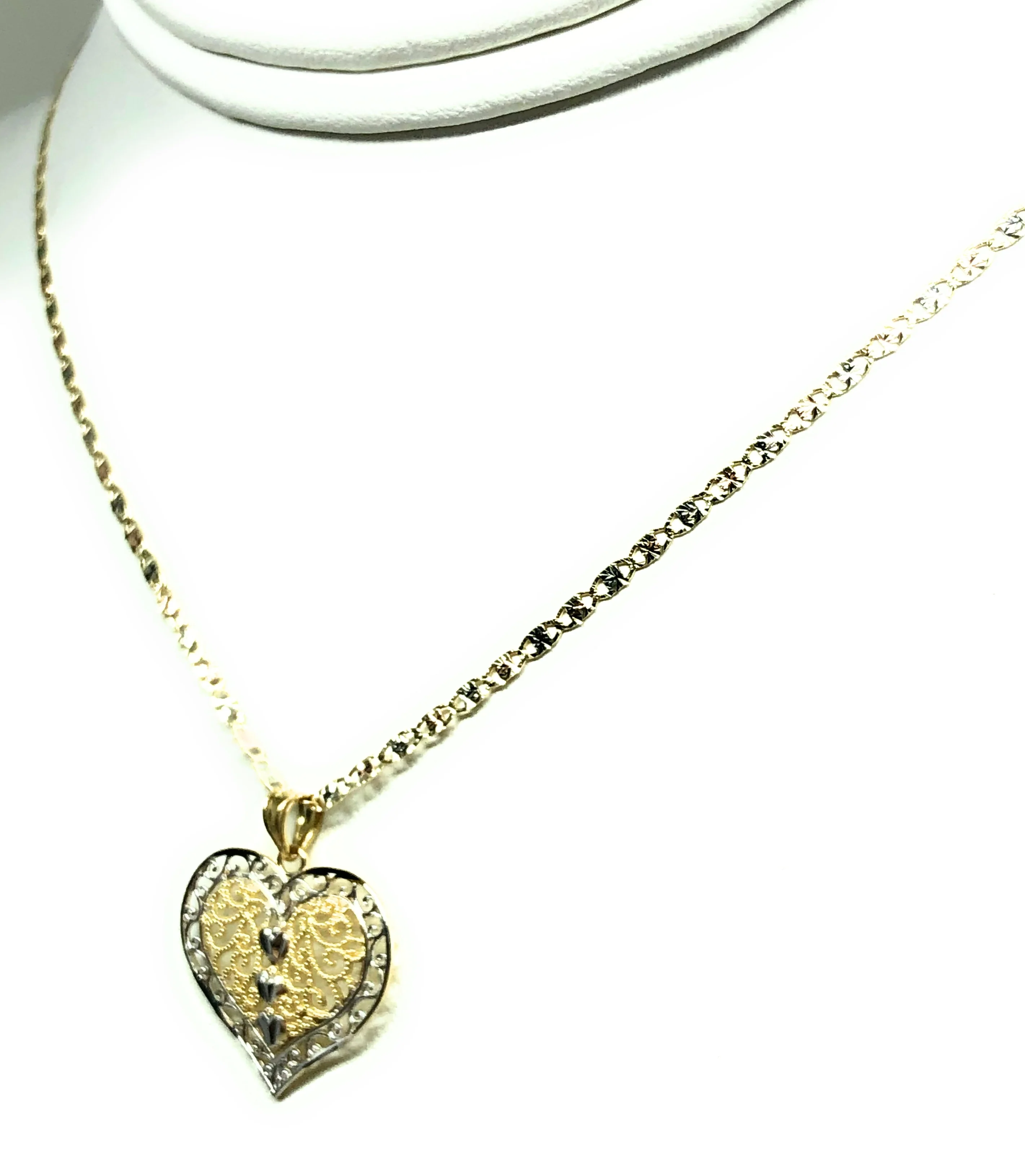 14k Solid Gold 2-Tone Heart Filigree Pendant Necklace With Valentina Chain - Image 7