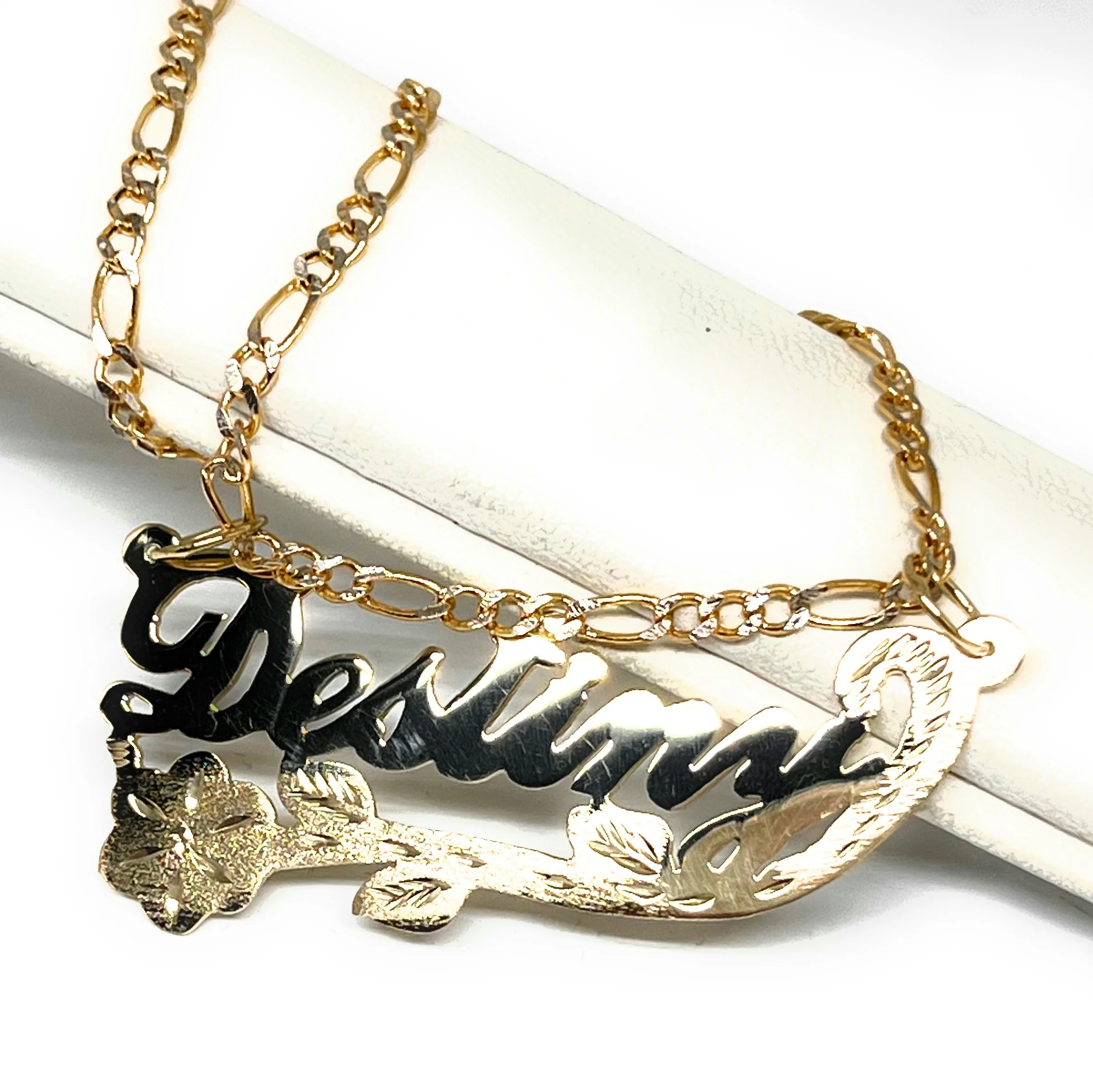 14k Solid Gold Custom ROSE & STEM Nameplate Pendant Necklace with Chain Options