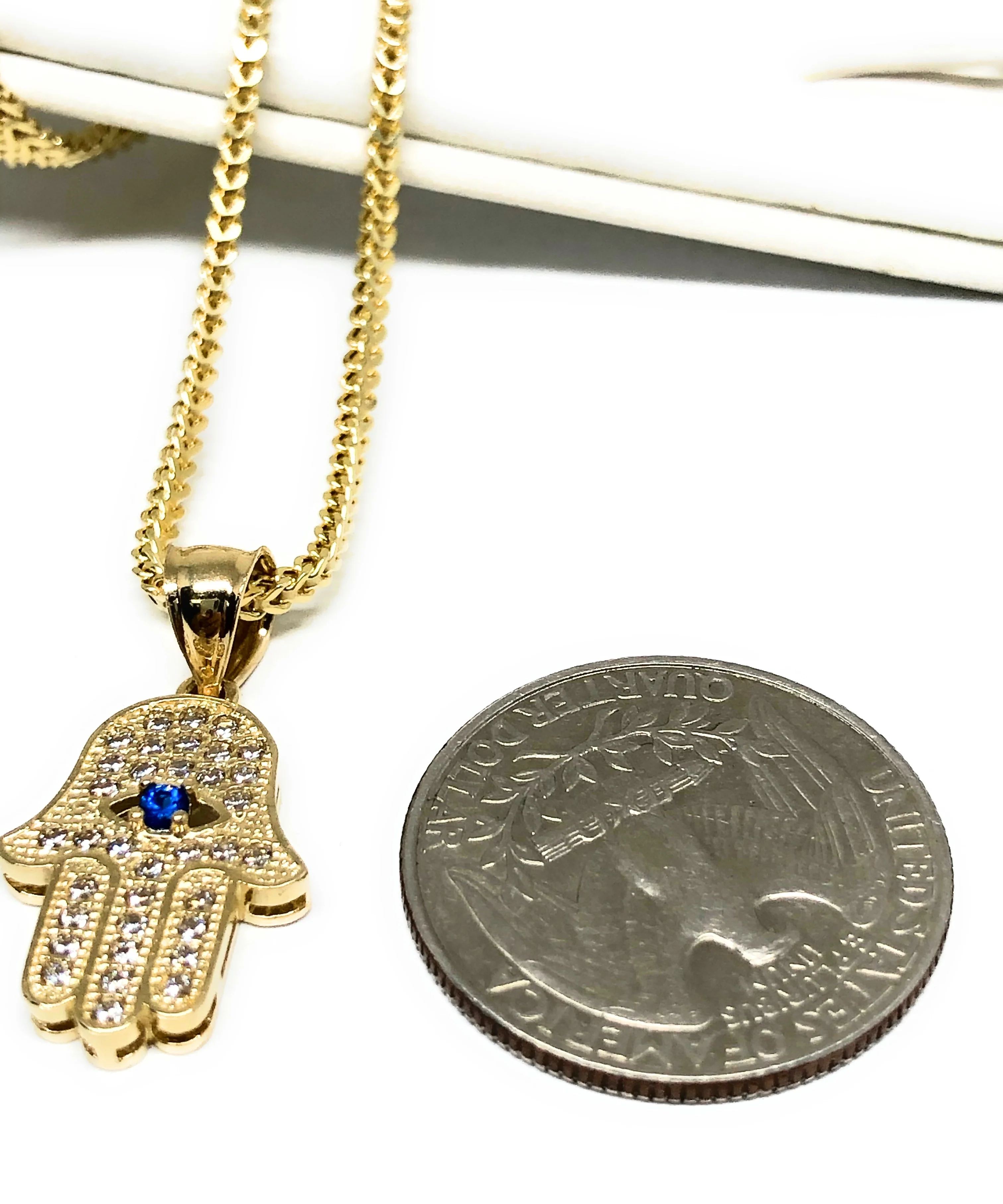 14k Solid Gold Hamsa Hand Pendant CZ Necklace Franco Chain (SM) - Image 2