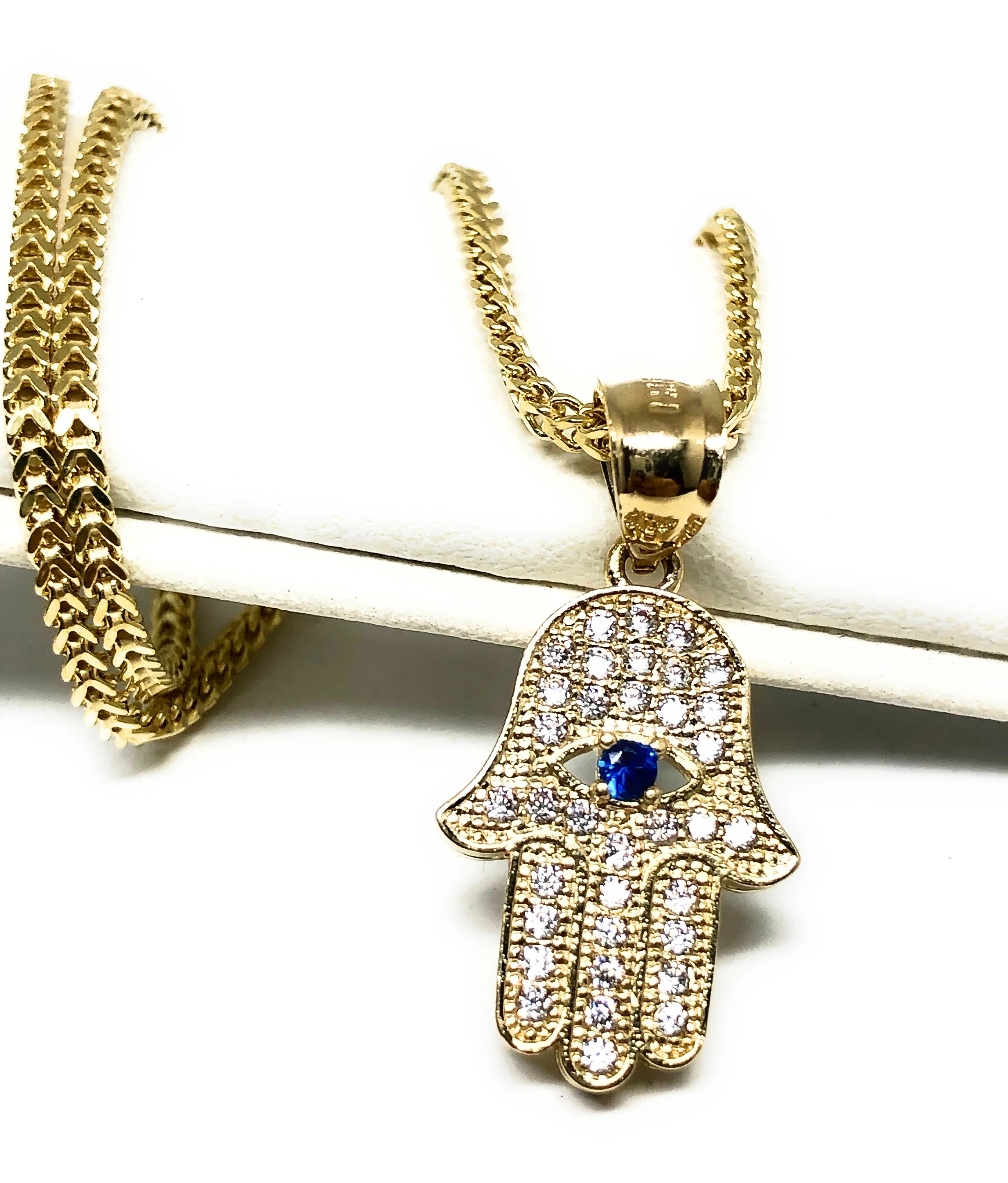 14k Solid Gold Hamsa Hand Pendant CZ Necklace Franco Chain (SM) - Image 3