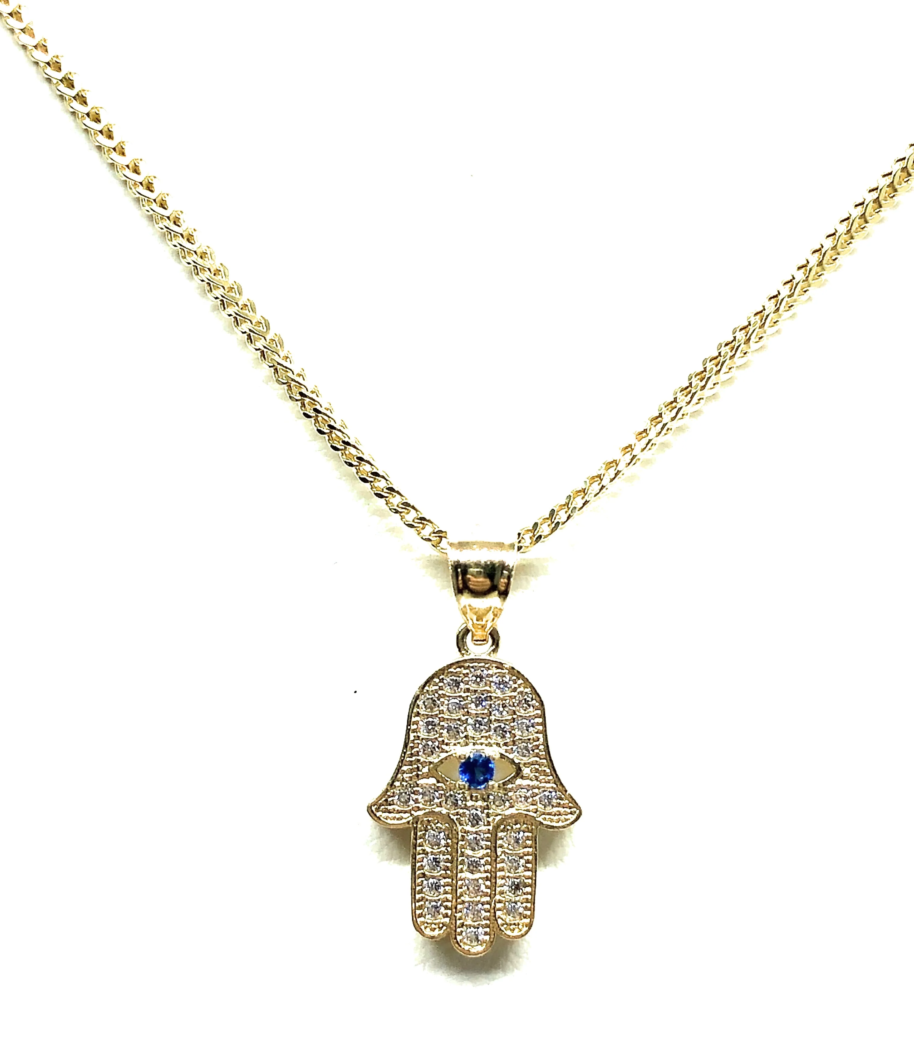 14k Solid Gold Hamsa Hand Pendant CZ Necklace Franco Chain (SM) - Image 4