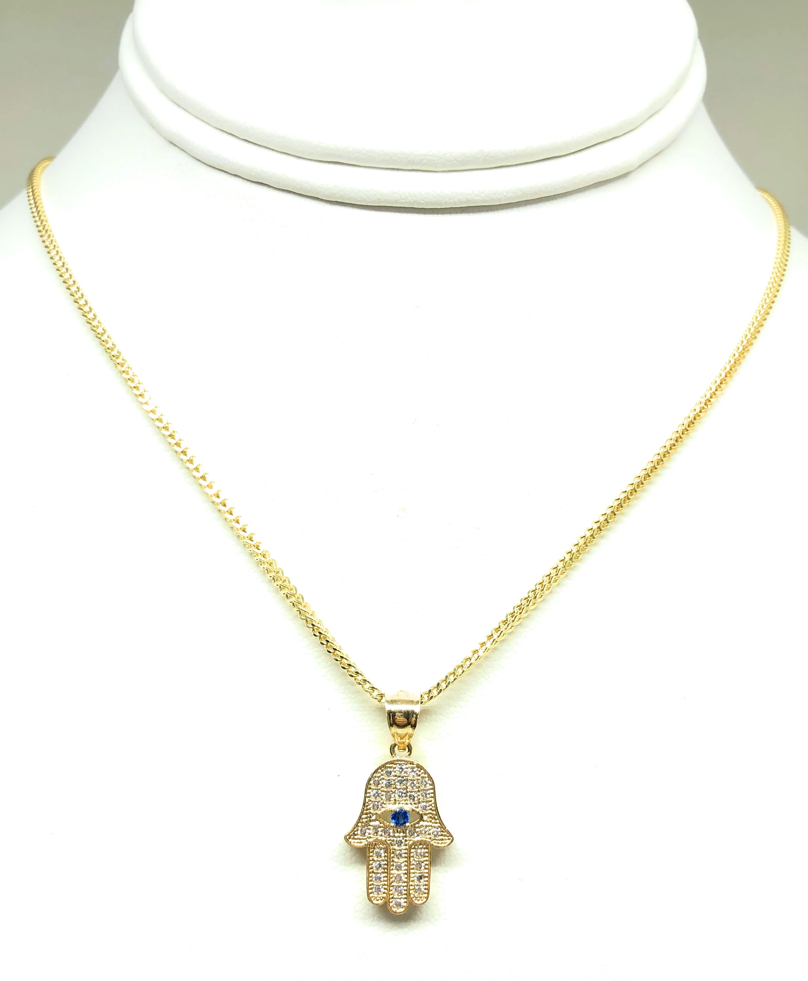14k Solid Gold Hamsa Hand Pendant CZ Necklace Franco Chain (SM) - Image 5