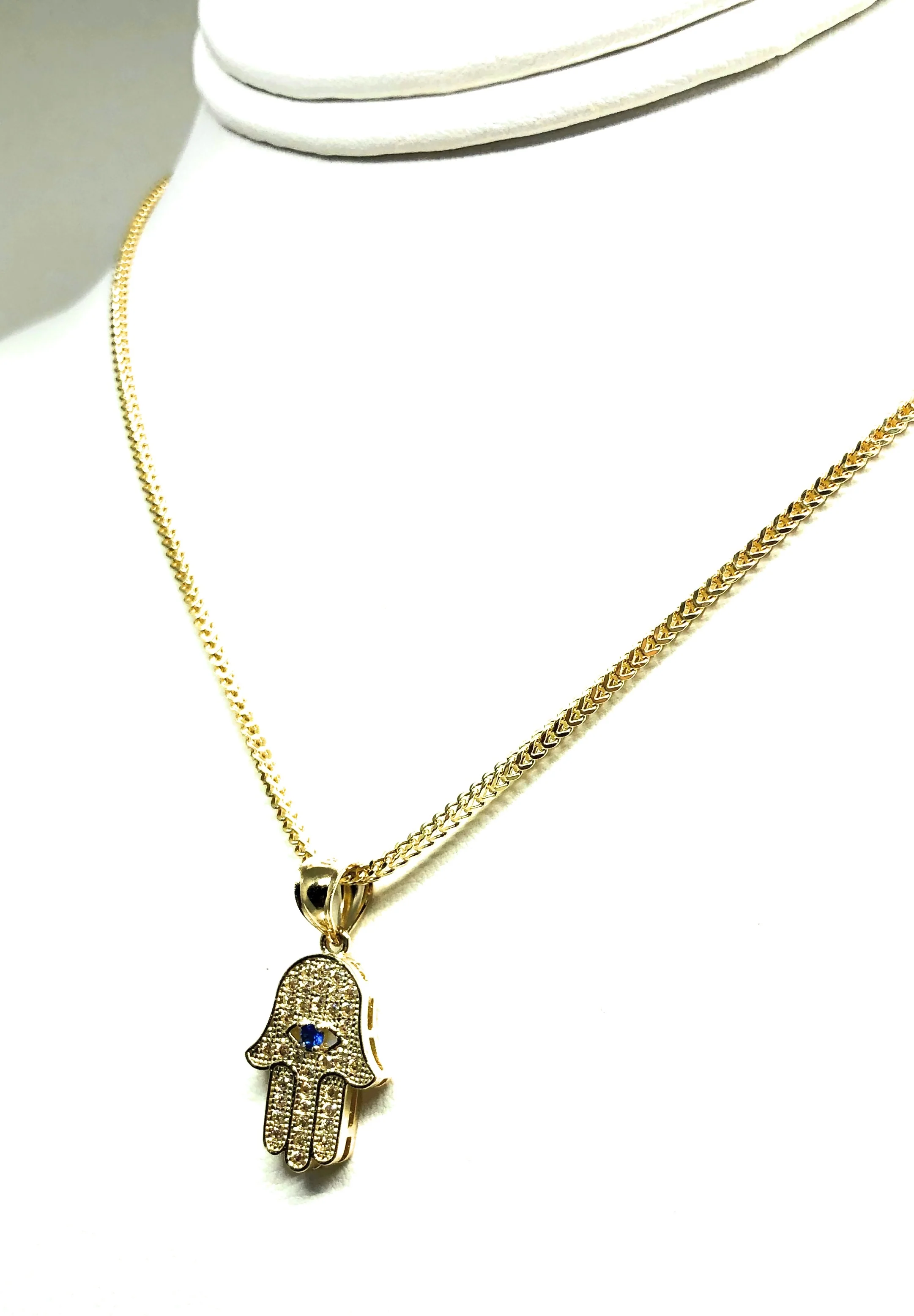 14k Solid Gold Hamsa Hand Pendant CZ Necklace Franco Chain (SM) - Image 6