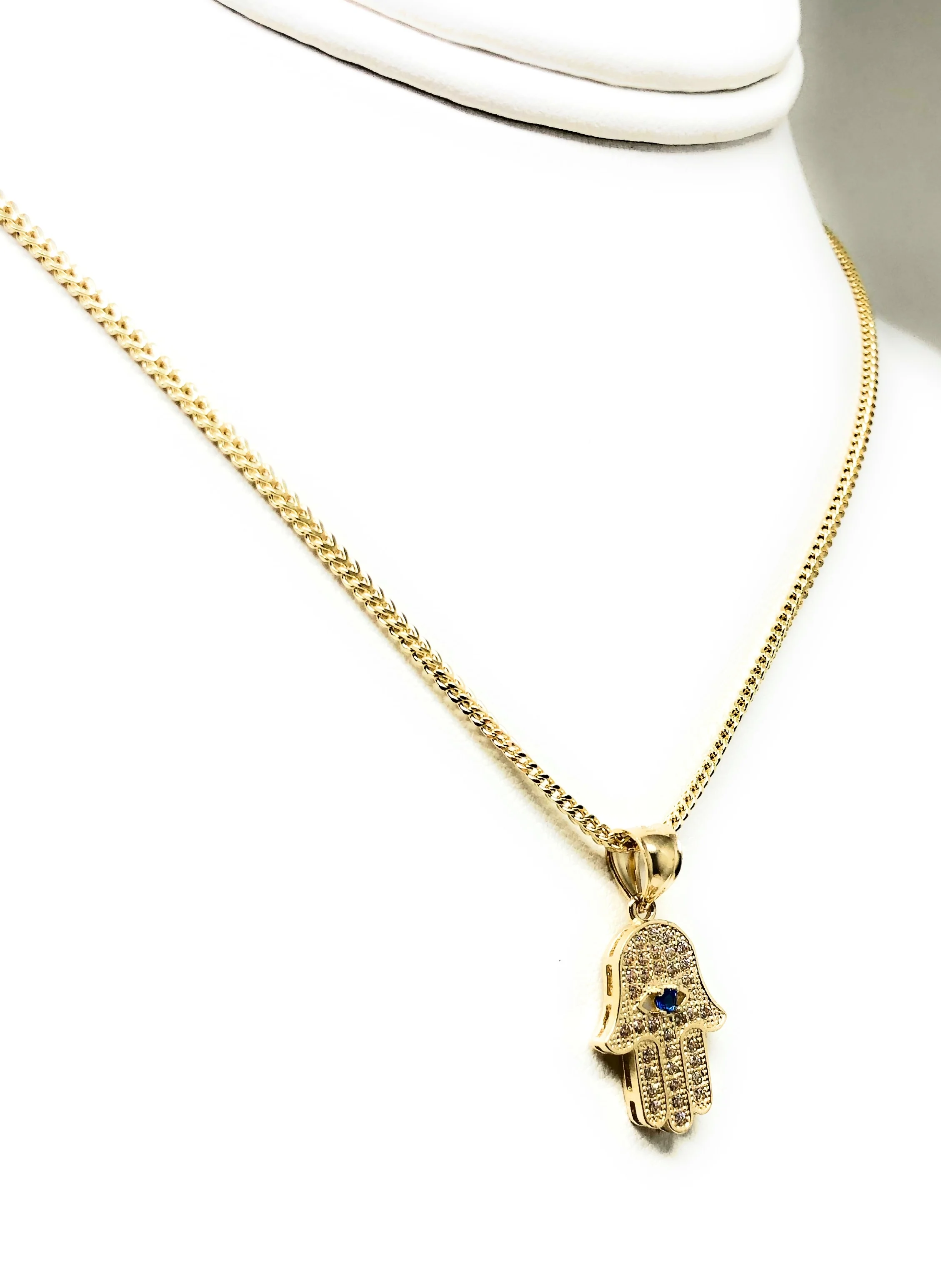 14k Solid Gold Hamsa Hand Pendant CZ Necklace Franco Chain (SM) - Image 7