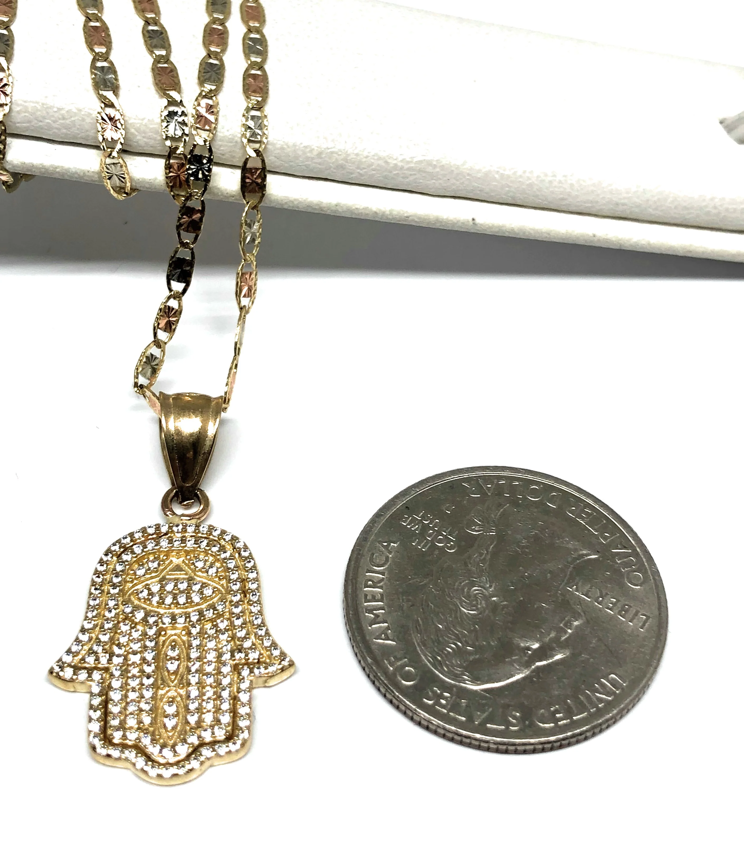 14k Solid Gold Hamsa Hand Pendant CZ Necklace Valentina Chain - Image 2