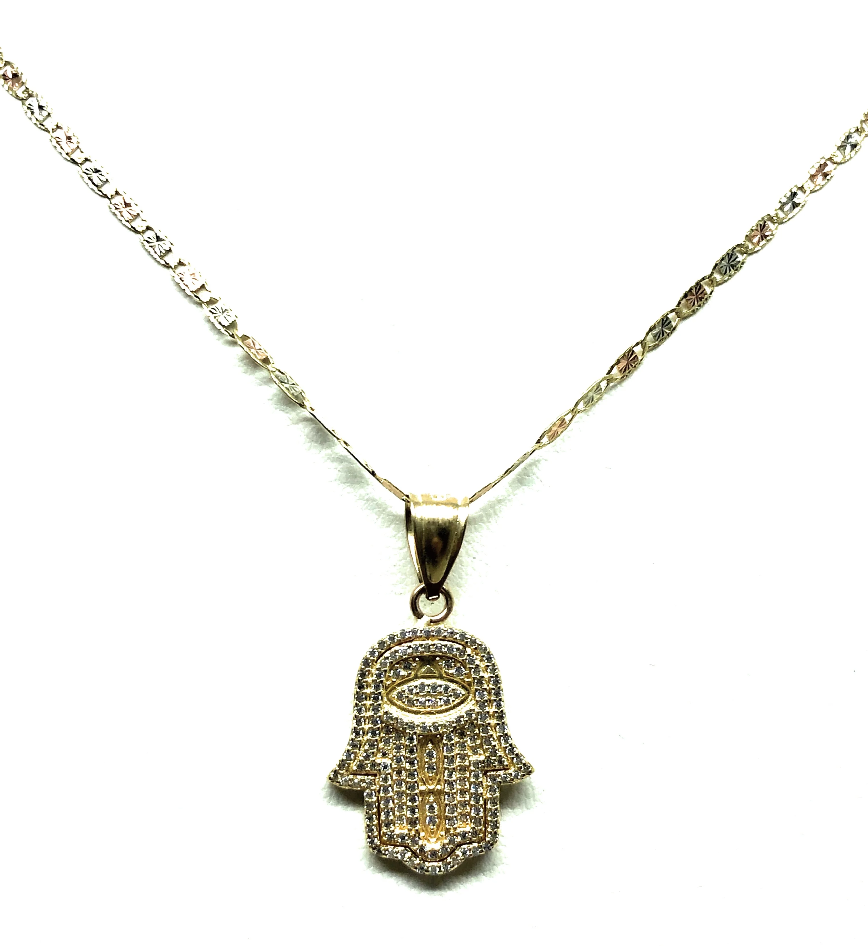 14k Solid Gold Hamsa Hand Pendant CZ Necklace Valentina Chain - Image 4