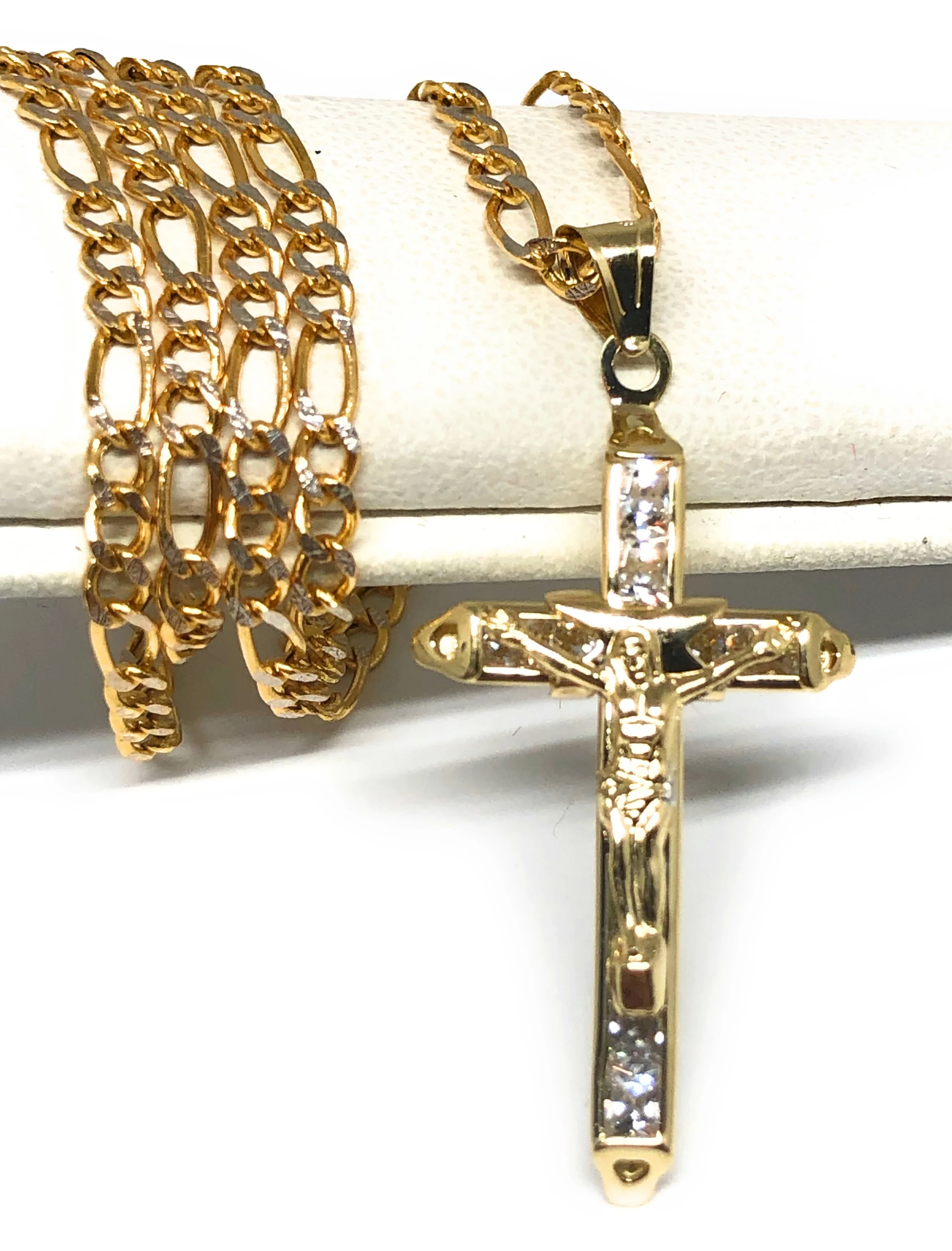 14k Solid Gold Jesus Cross Pendant Necklace Cubic Zirconia Crucifix Figaro Chain (XS) - Image 3