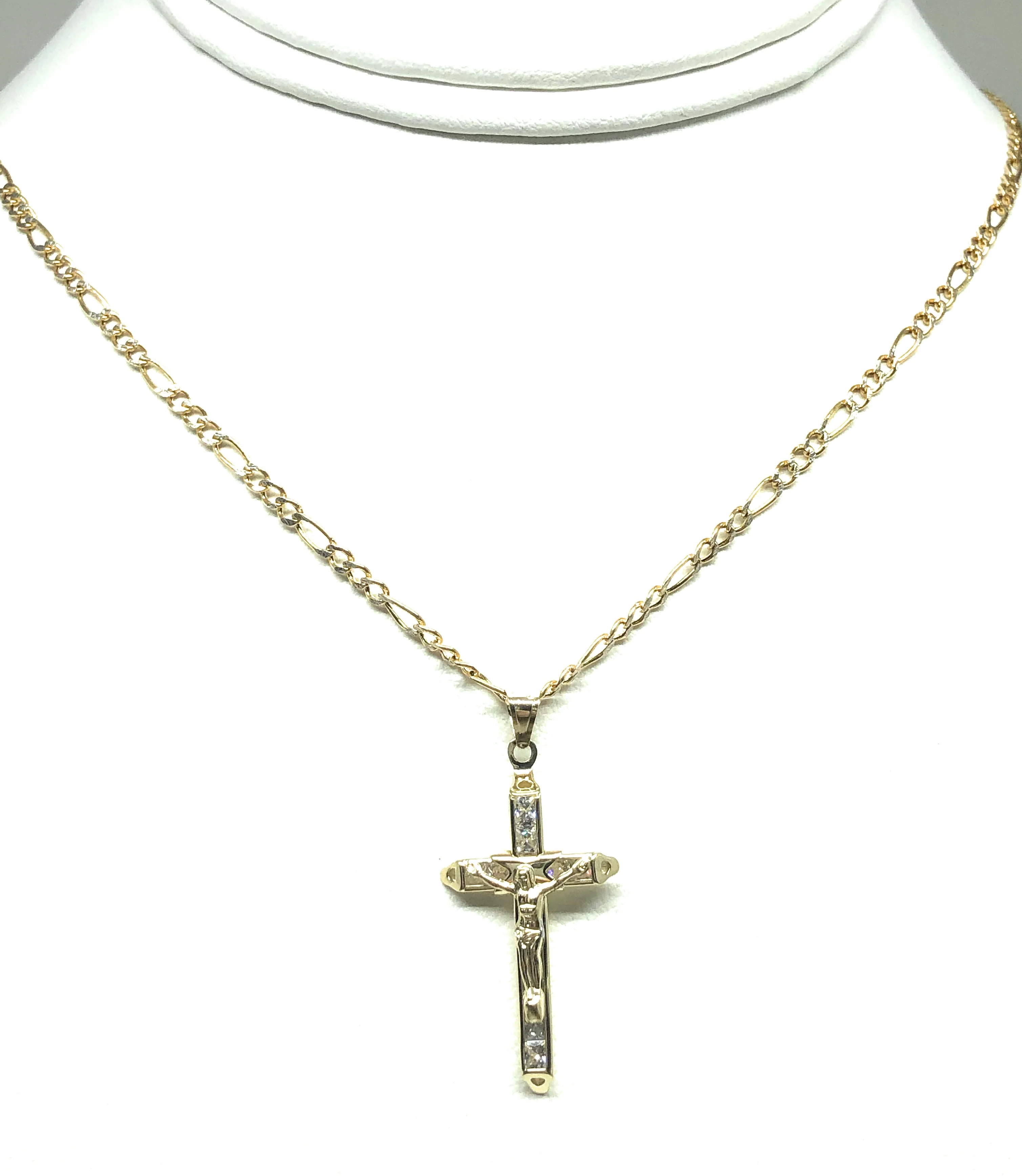 14k Solid Gold Jesus Cross Pendant Necklace Cubic Zirconia Crucifix Figaro Chain (XS) - Image 5