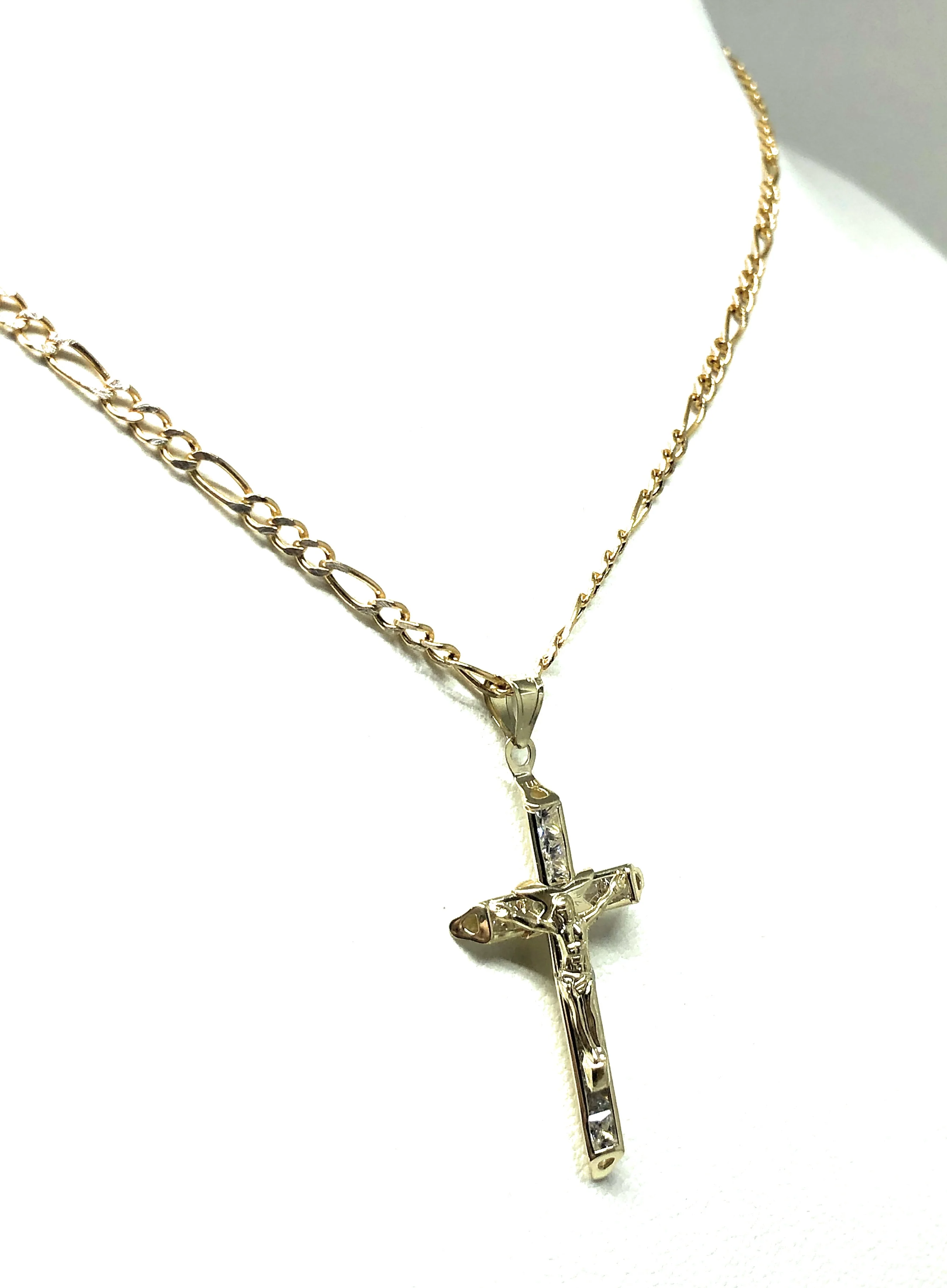 14k Solid Gold Jesus Cross Pendant Necklace Cubic Zirconia Crucifix Figaro Chain (XS) - Image 6