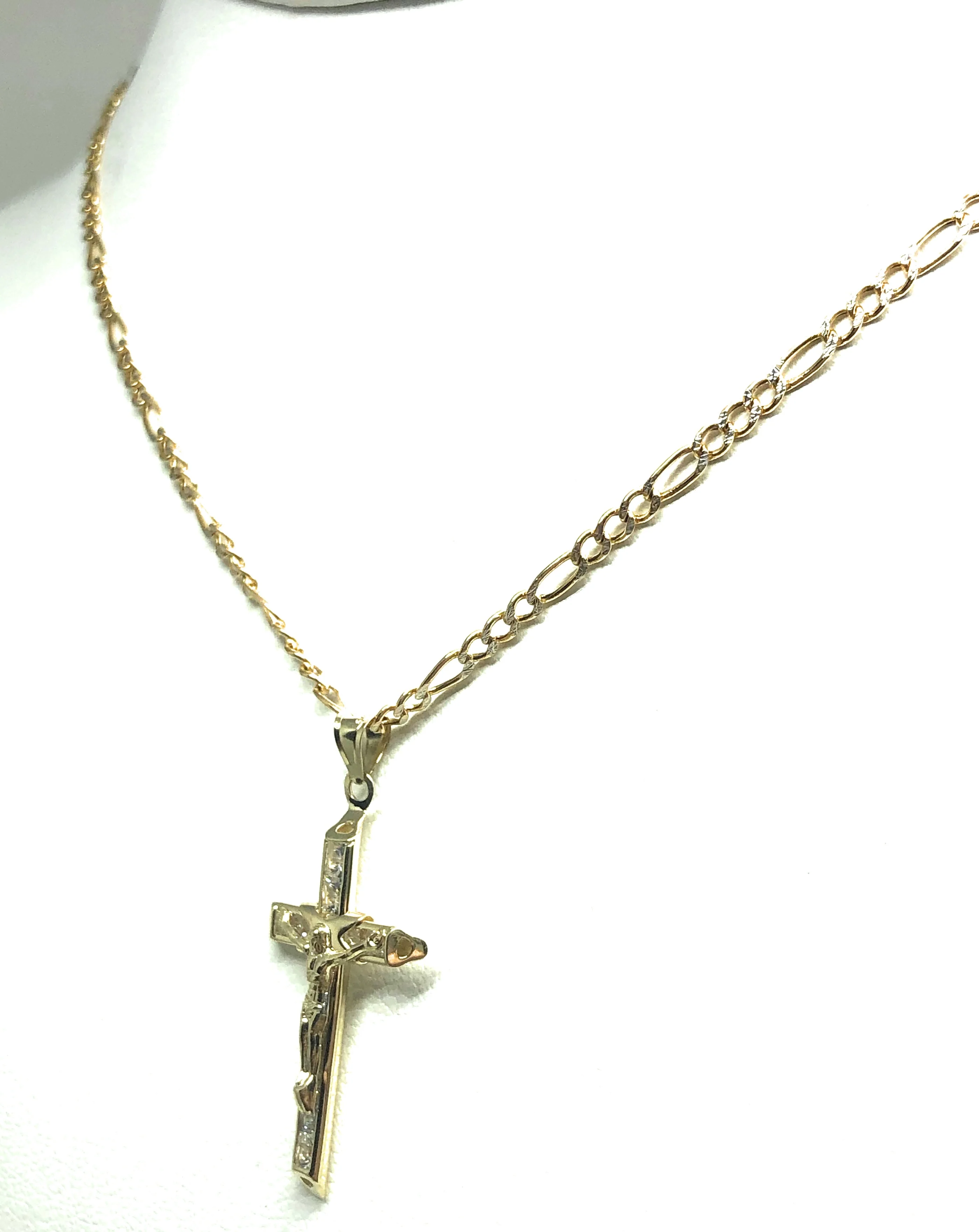 14k Solid Gold Jesus Cross Pendant Necklace Cubic Zirconia Crucifix Figaro Chain (XS) - Image 7