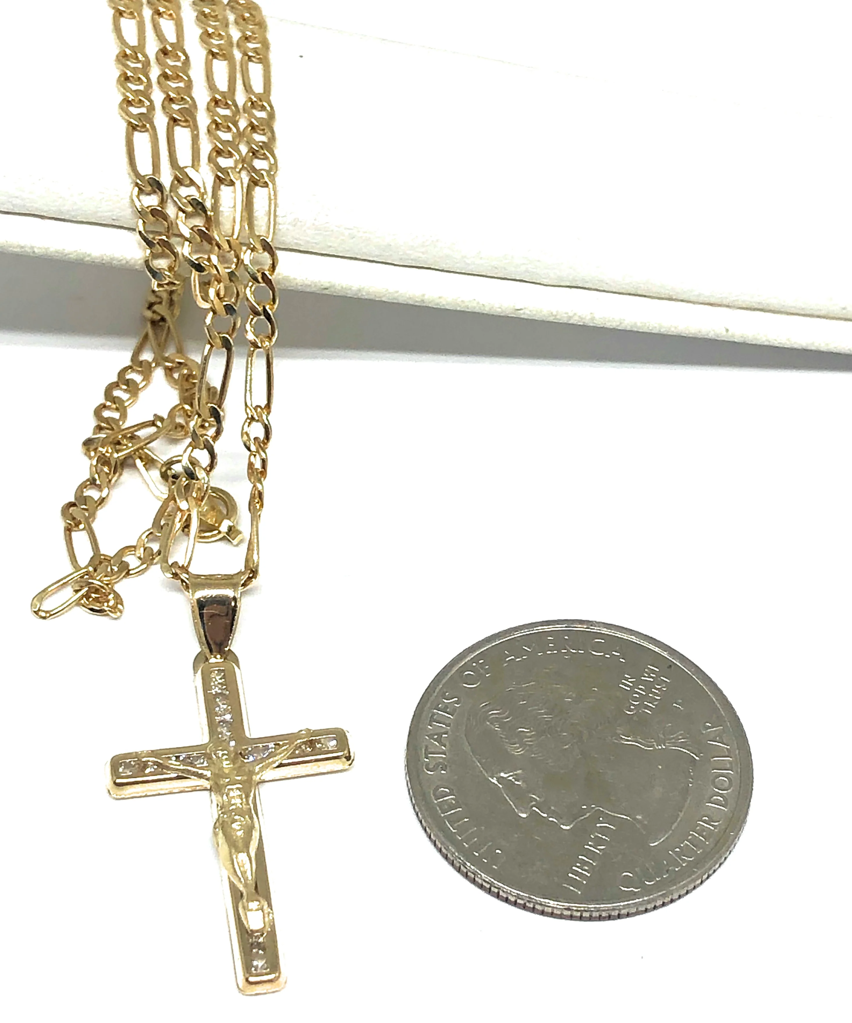 14k Solid Gold Jesus Cross SMALL Pendant Necklace CZ Crucifix Figaro Chain (SM, XS) - Image 2