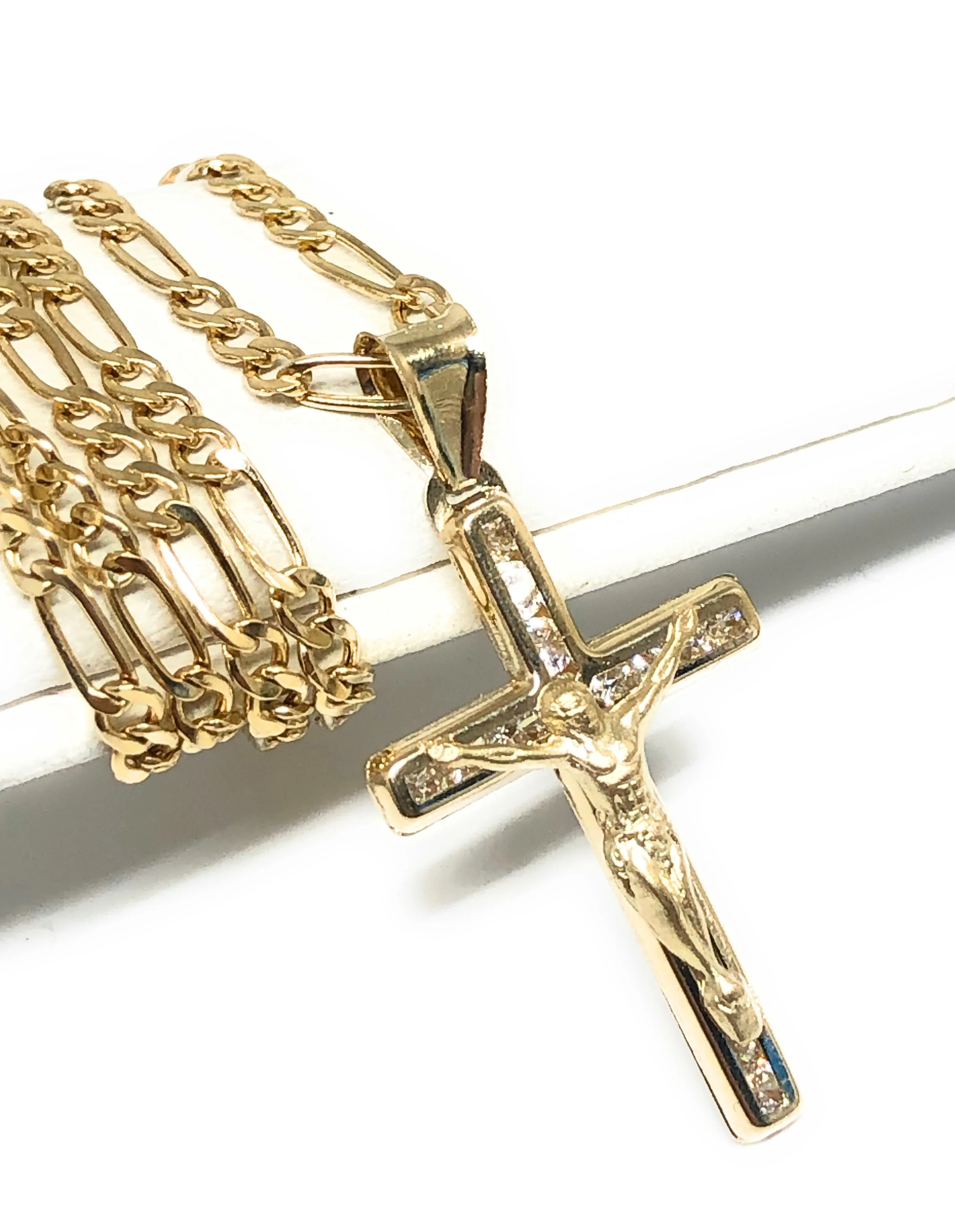 14k Solid Gold Jesus Cross SMALL Pendant Necklace CZ Crucifix Figaro Chain (SM, XS) - Image 3