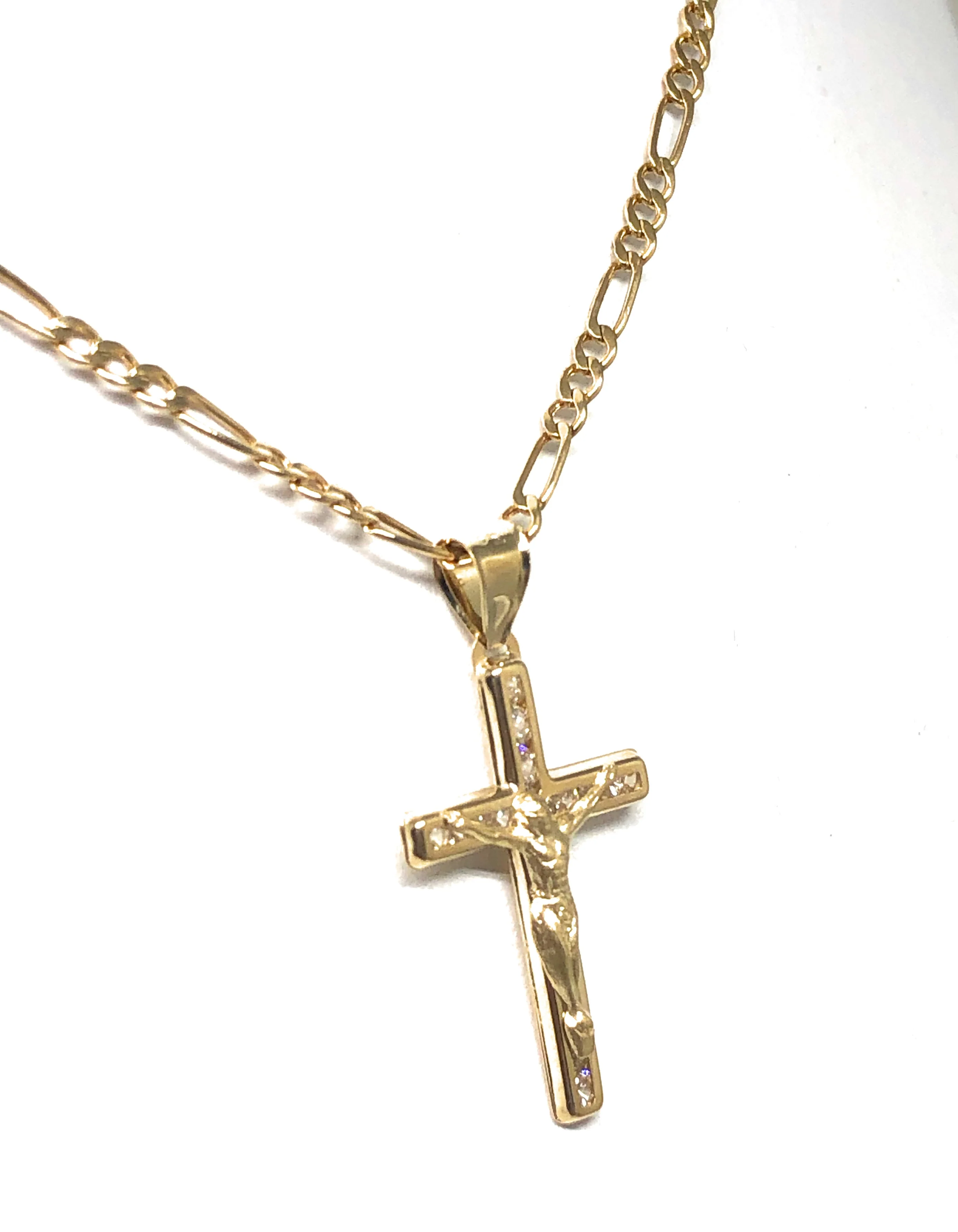 14k Solid Gold Jesus Cross SMALL Pendant Necklace CZ Crucifix Figaro Chain (SM, XS) - Image 4