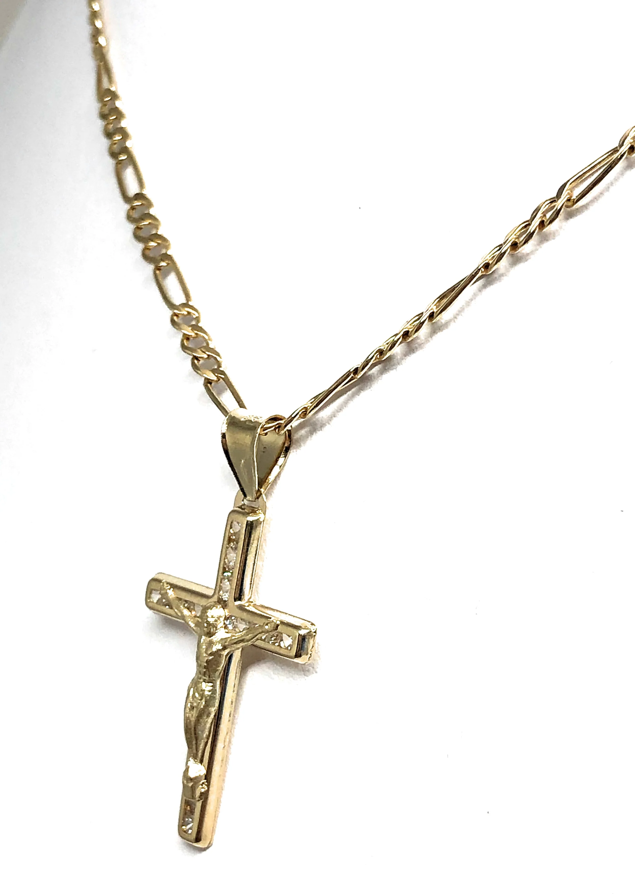 14k Solid Gold Jesus Cross SMALL Pendant Necklace CZ Crucifix Figaro Chain (SM, XS) - Image 6