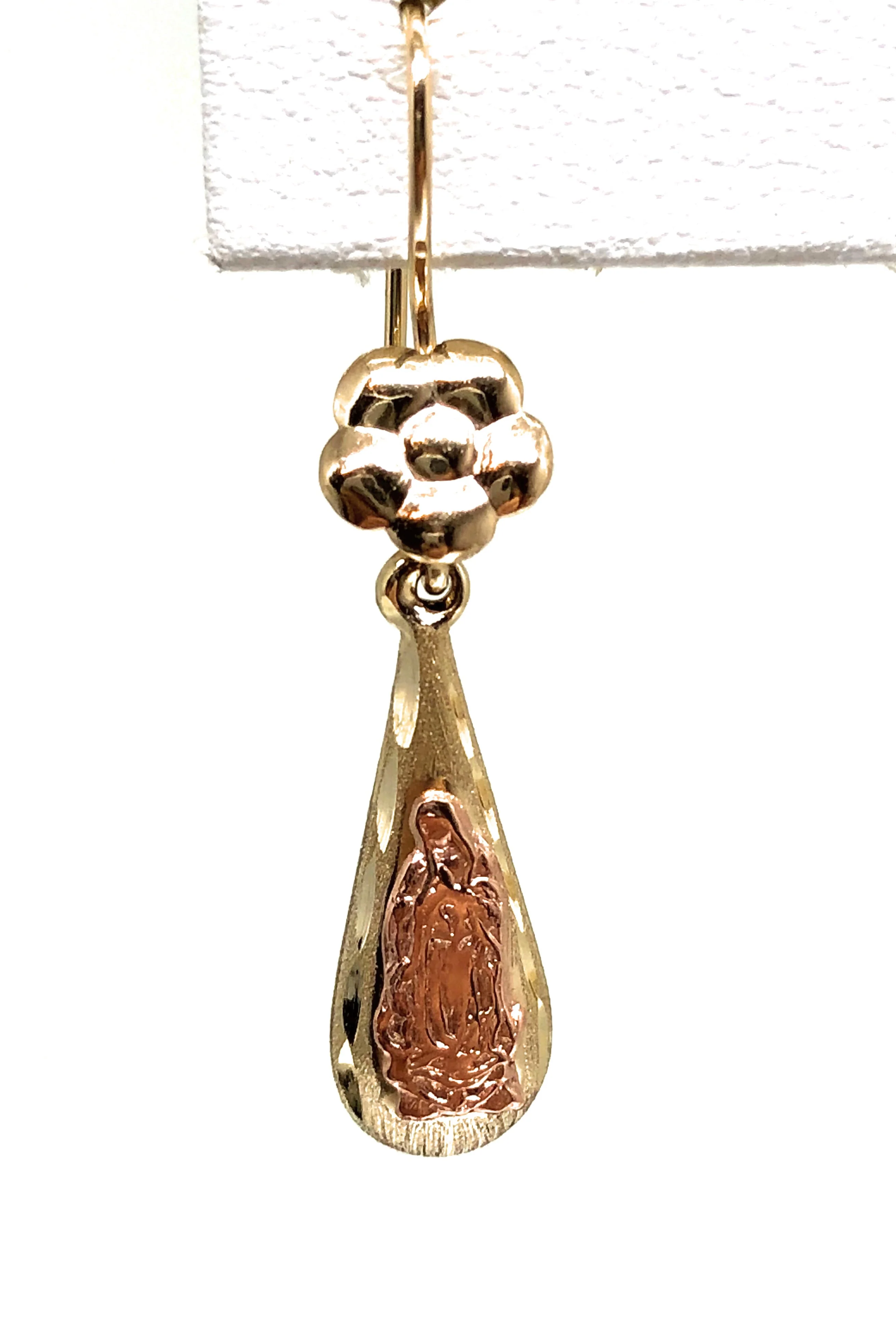 14k Solid Gold Rose & Gold Color Virrgin Mary Flower Tear Drop Earrings - Image 3
