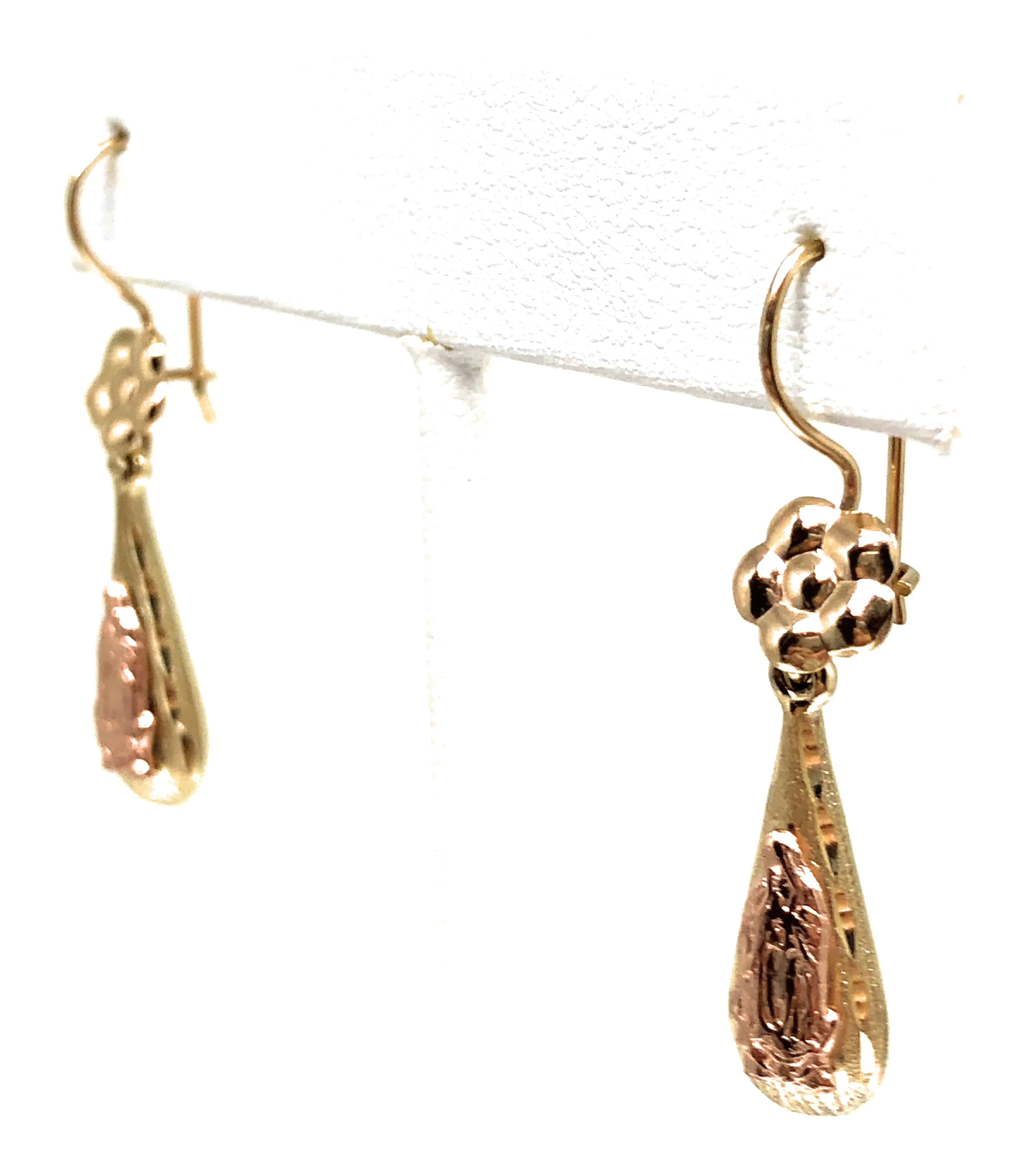 14k Solid Gold Rose & Gold Color Virrgin Mary Flower Tear Drop Earrings - Image 4