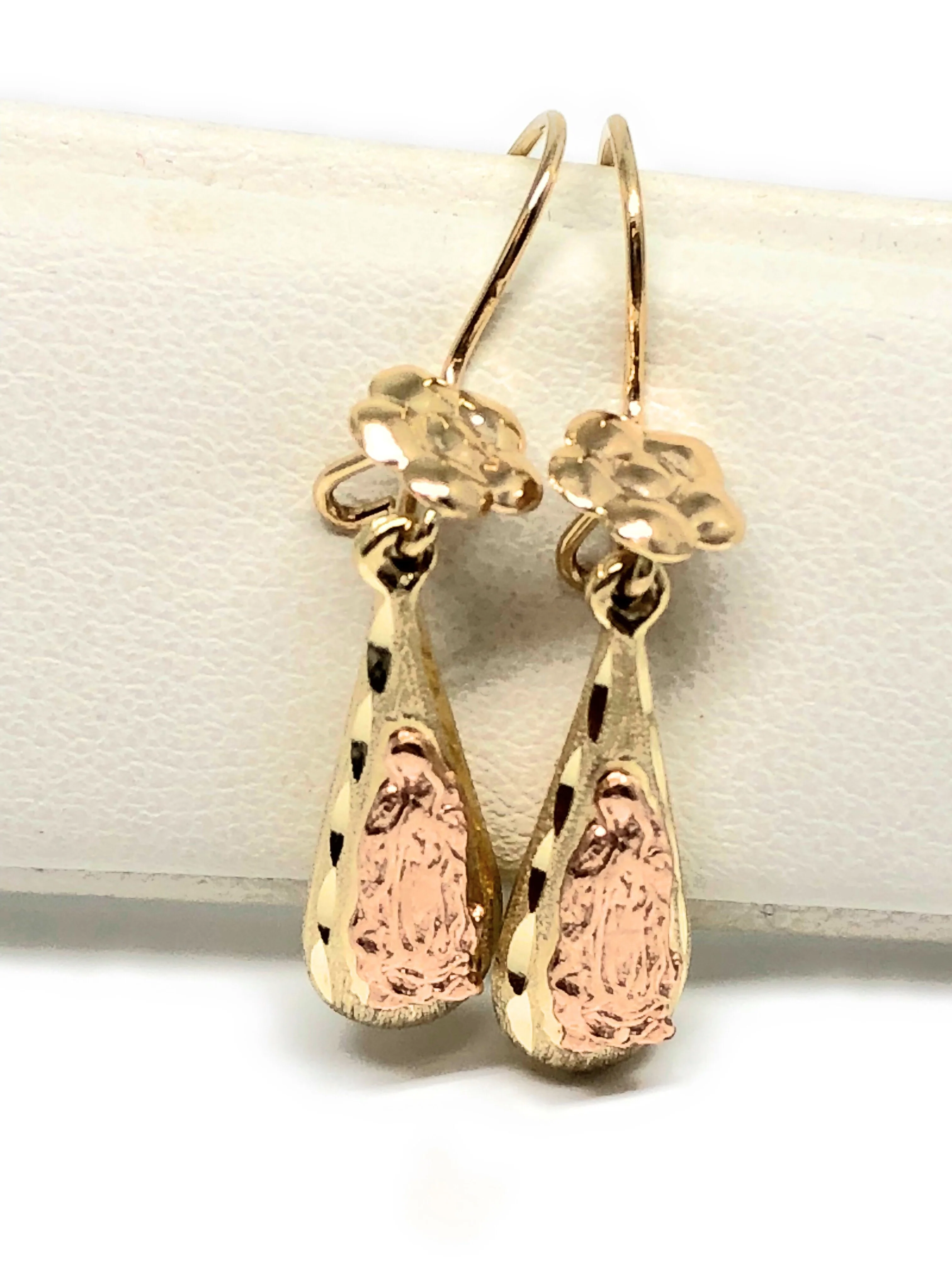 14k Solid Gold Rose & Gold Color Virrgin Mary Flower Tear Drop Earrings - Image 5