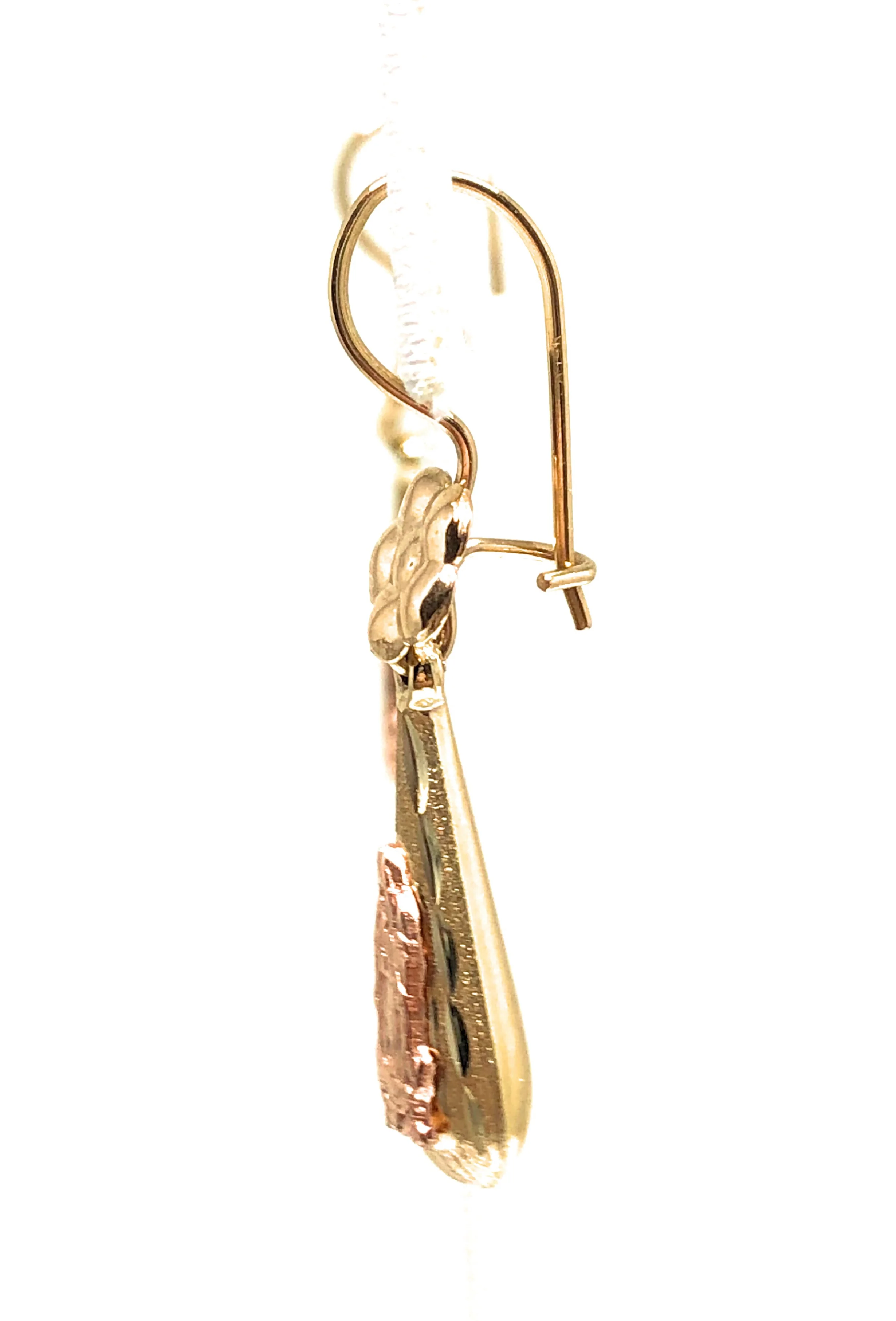 14k Solid Gold Rose & Gold Color Virrgin Mary Flower Tear Drop Earrings - Image 6
