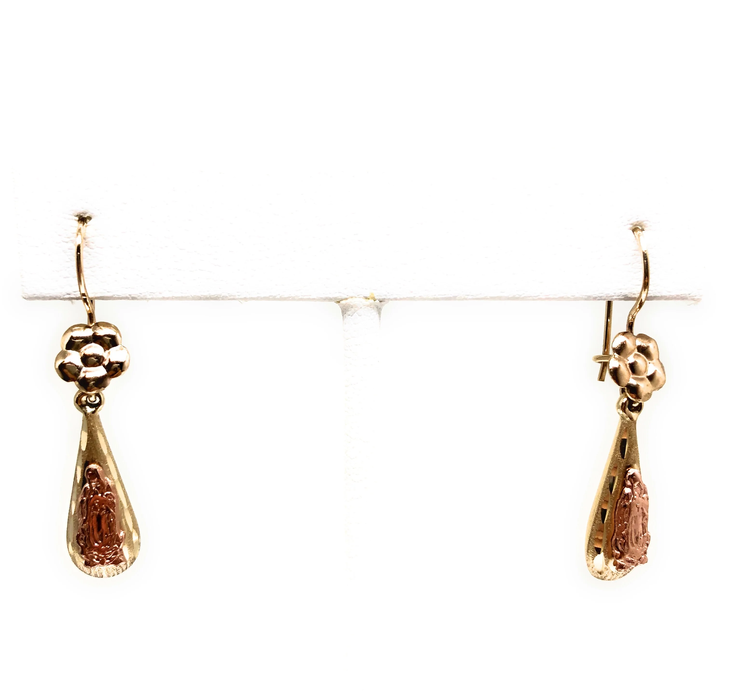 14k Solid Gold Rose & Gold Color Virrgin Mary Flower Tear Drop Earrings - Image 7