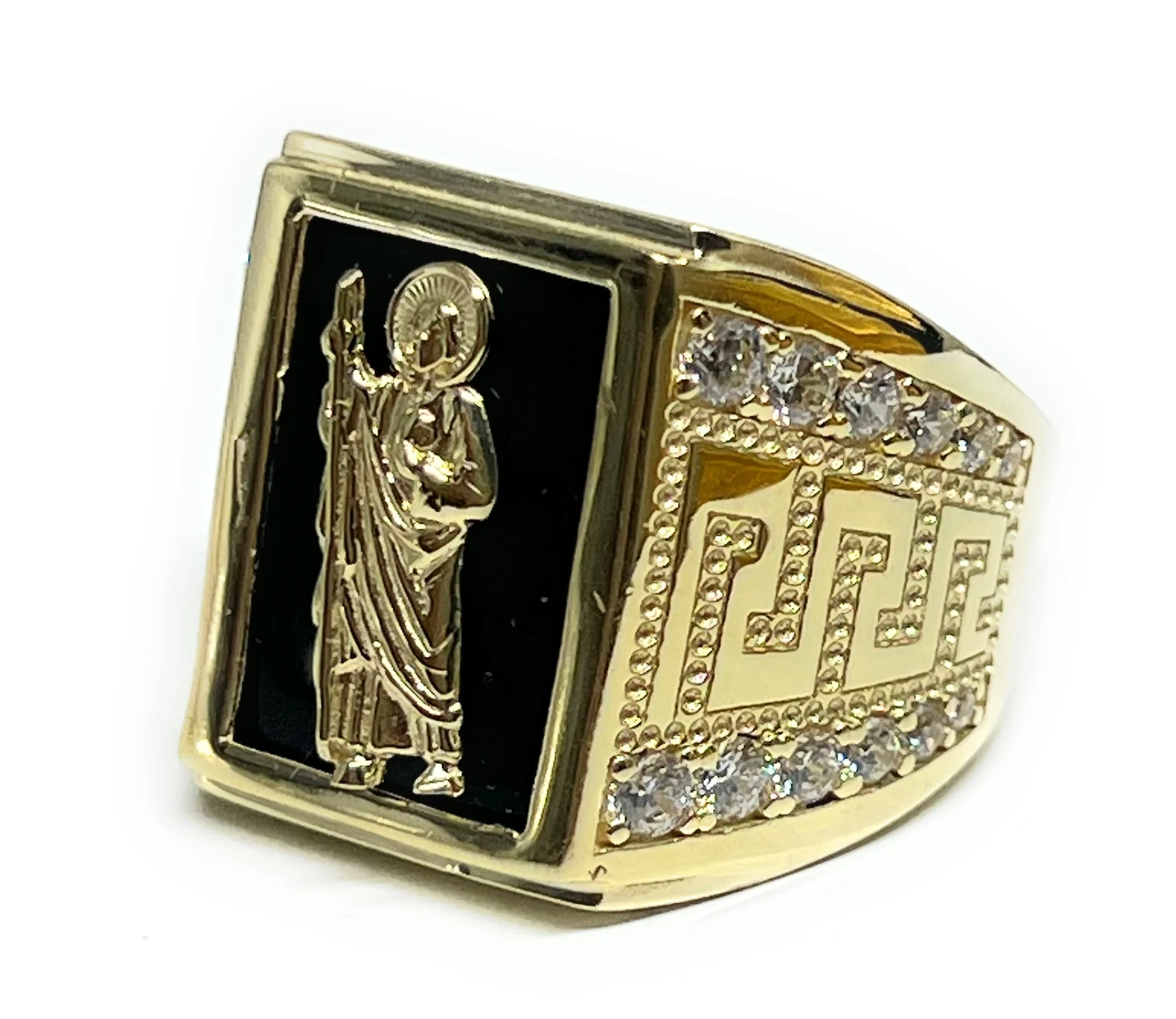14k Solid Gold SAAN JUDAS SAAINT JUDE ONYX CZ GREEK BORDER Ring (13.1g) - Image 2
