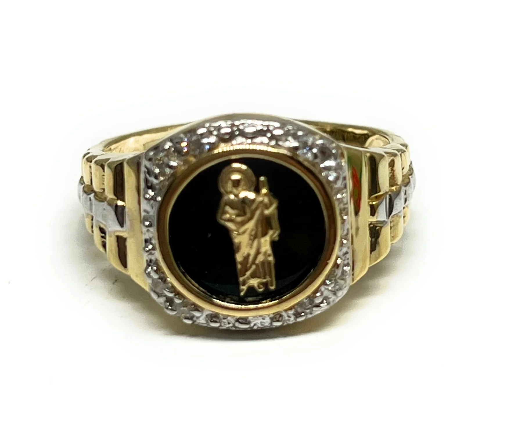 14k Solid Gold SAAN JUDAS SAAINT JUDE ONYX CZ Ring (5.4)