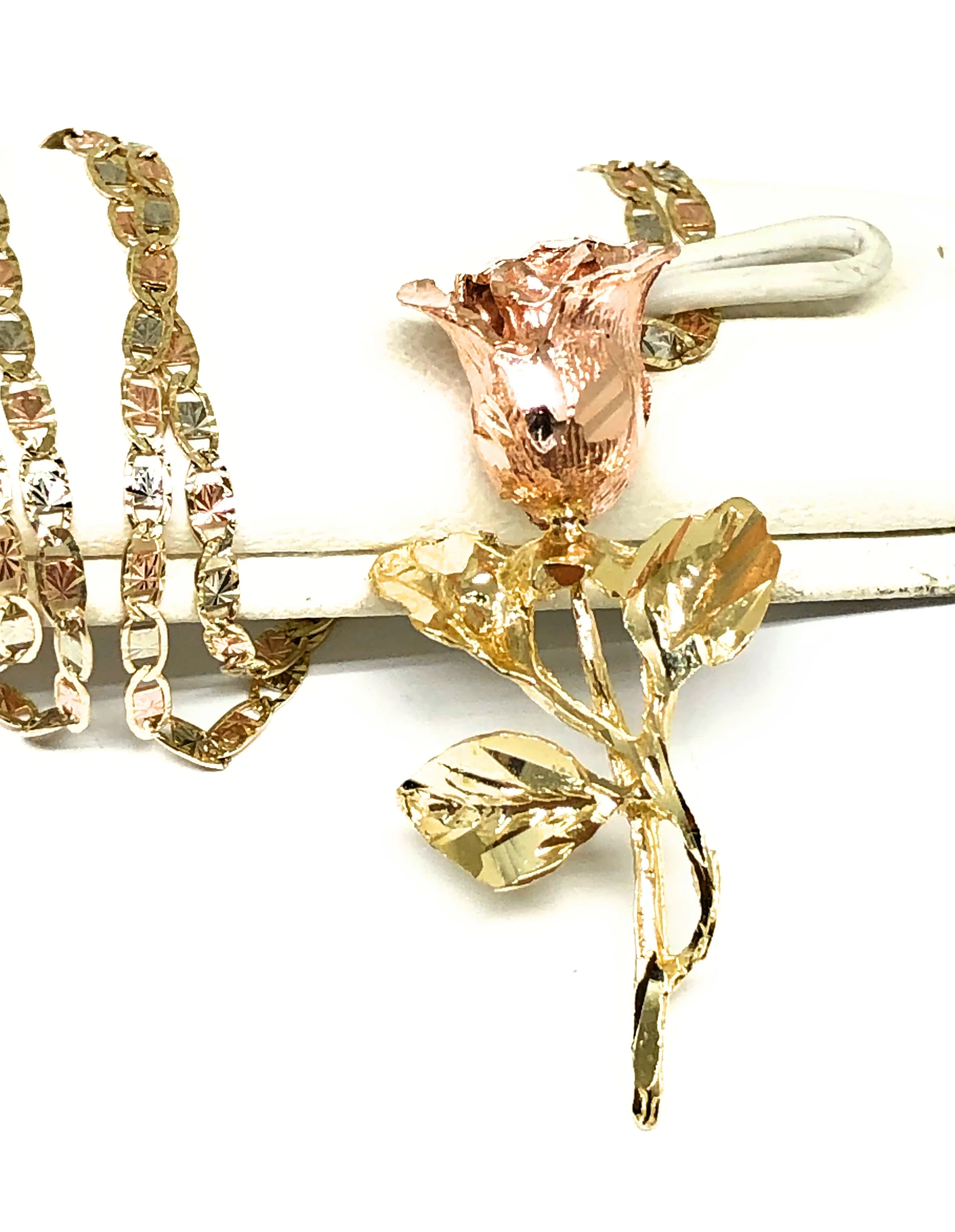 14k Solid Gold Tri-Color Big Rose Flower Pendant Necklace Valentina Chain
