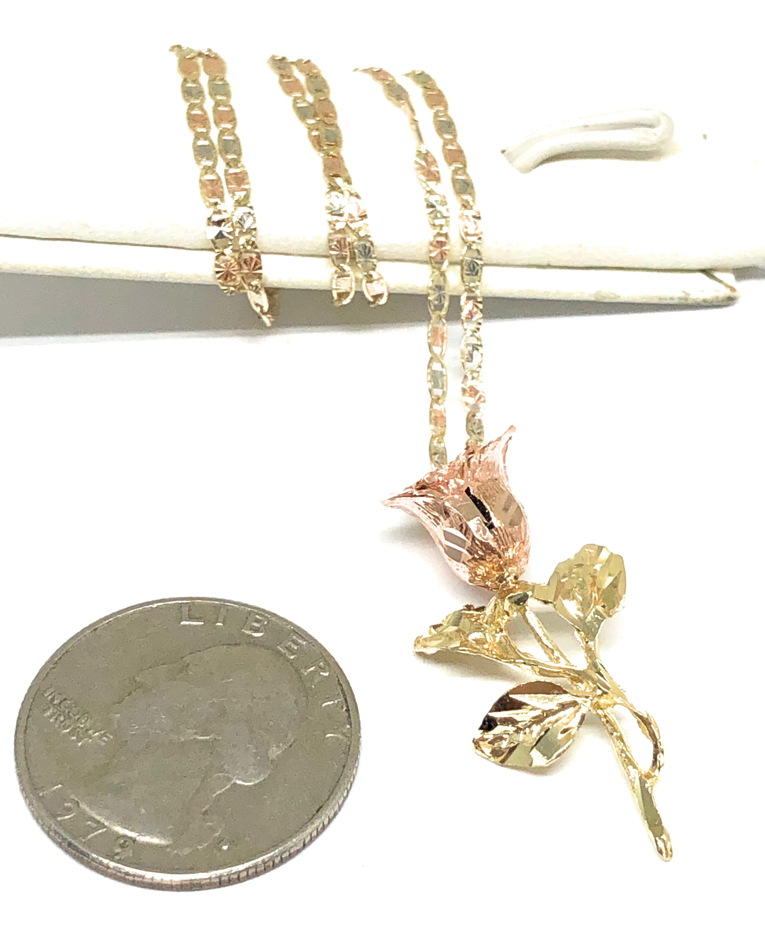 14k Solid Gold Tri-Color Big Rose Flower Pendant Necklace Valentina Chain - Image 2
