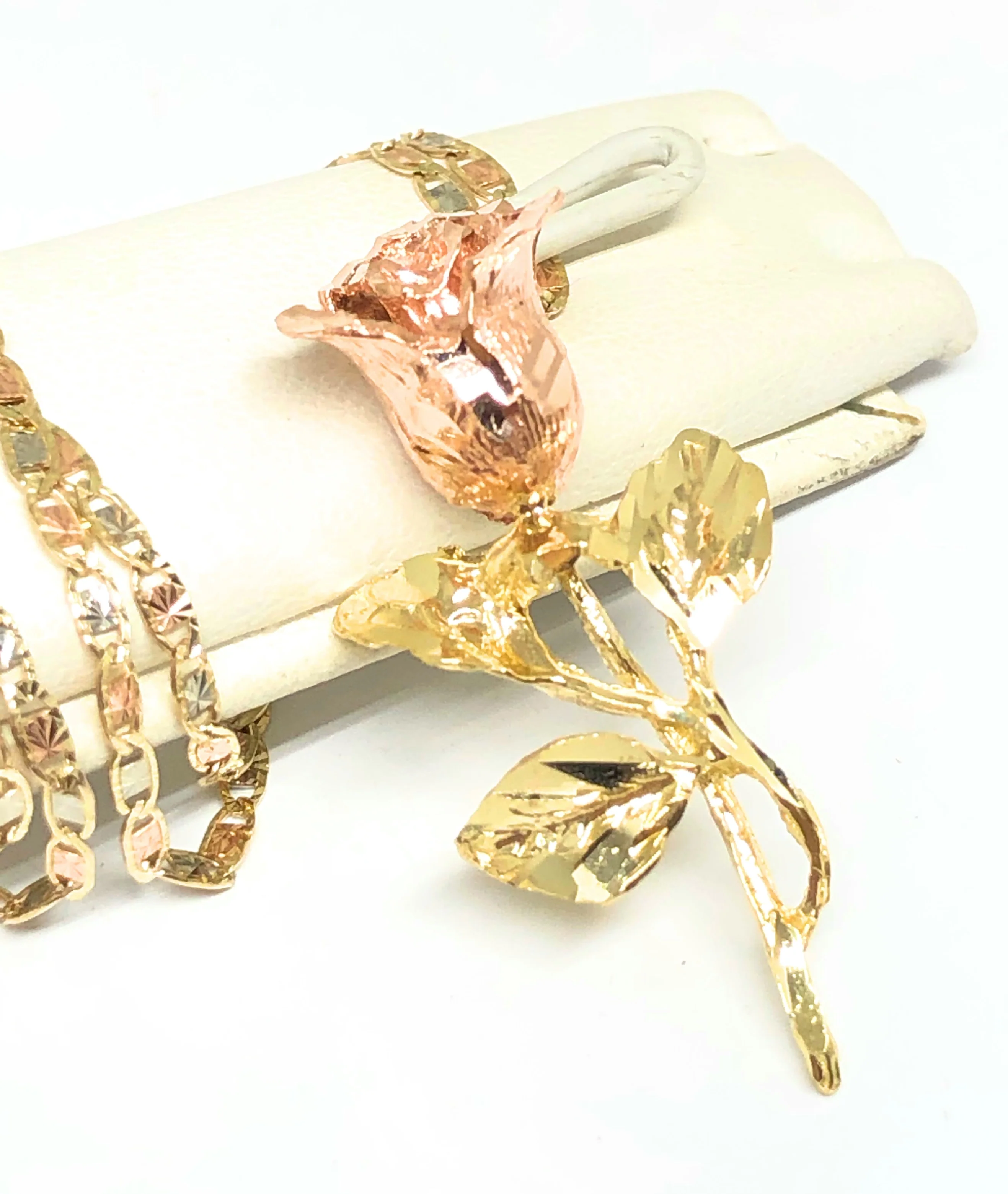 14k Solid Gold Tri-Color Big Rose Flower Pendant Necklace Valentina Chain - Image 3