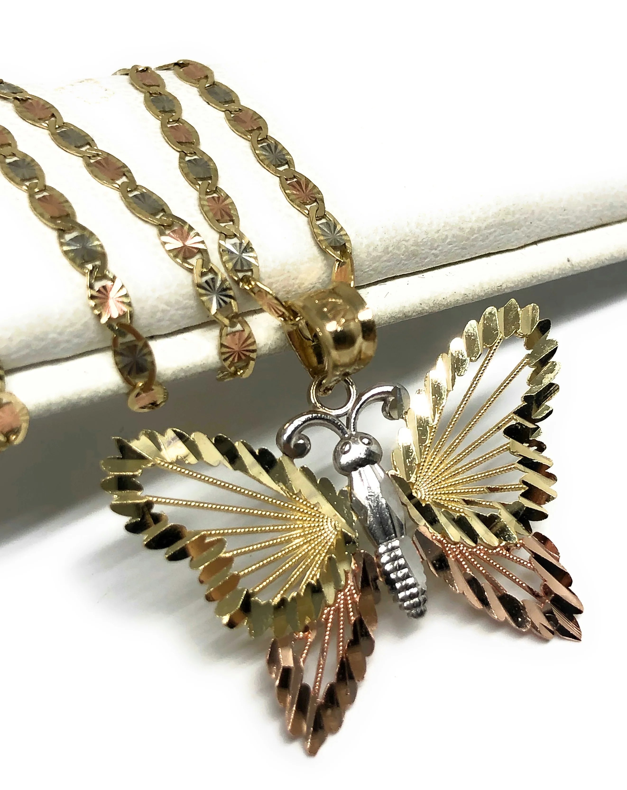 14k Solid Gold Tri-Color Butterfly Pendant Necklace Valentina Chain - Image 3