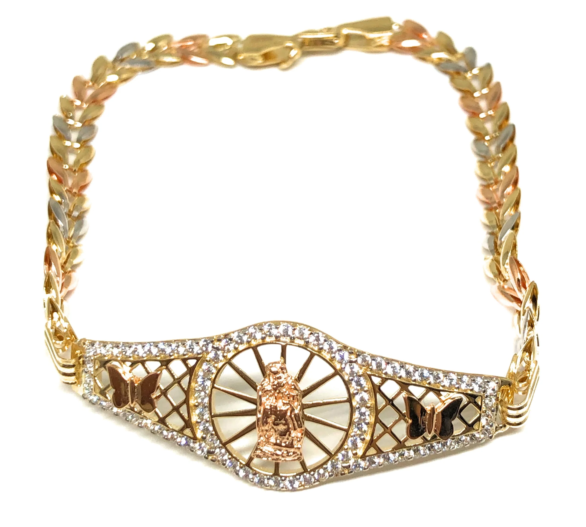 14k Solid Gold Tri-Color Butterfly Virrgin Mary Brracelet Cubic Zirconia 7.5 inch Virrgen Guadalupe