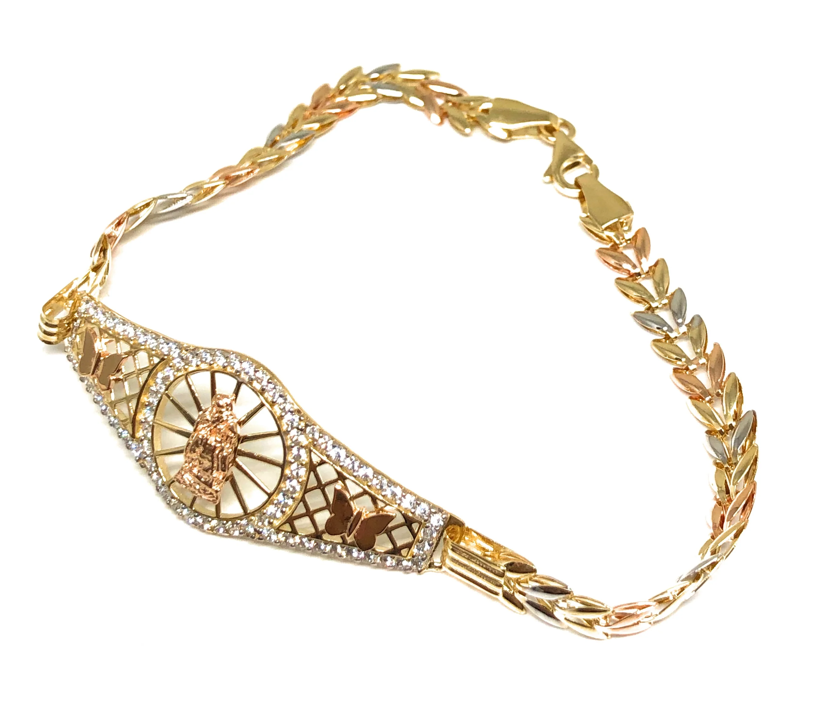 14k Solid Gold Tri-Color Butterfly Virrgin Mary Brracelet Cubic Zirconia 7.5 inch Virrgen Guadalupe - Image 2