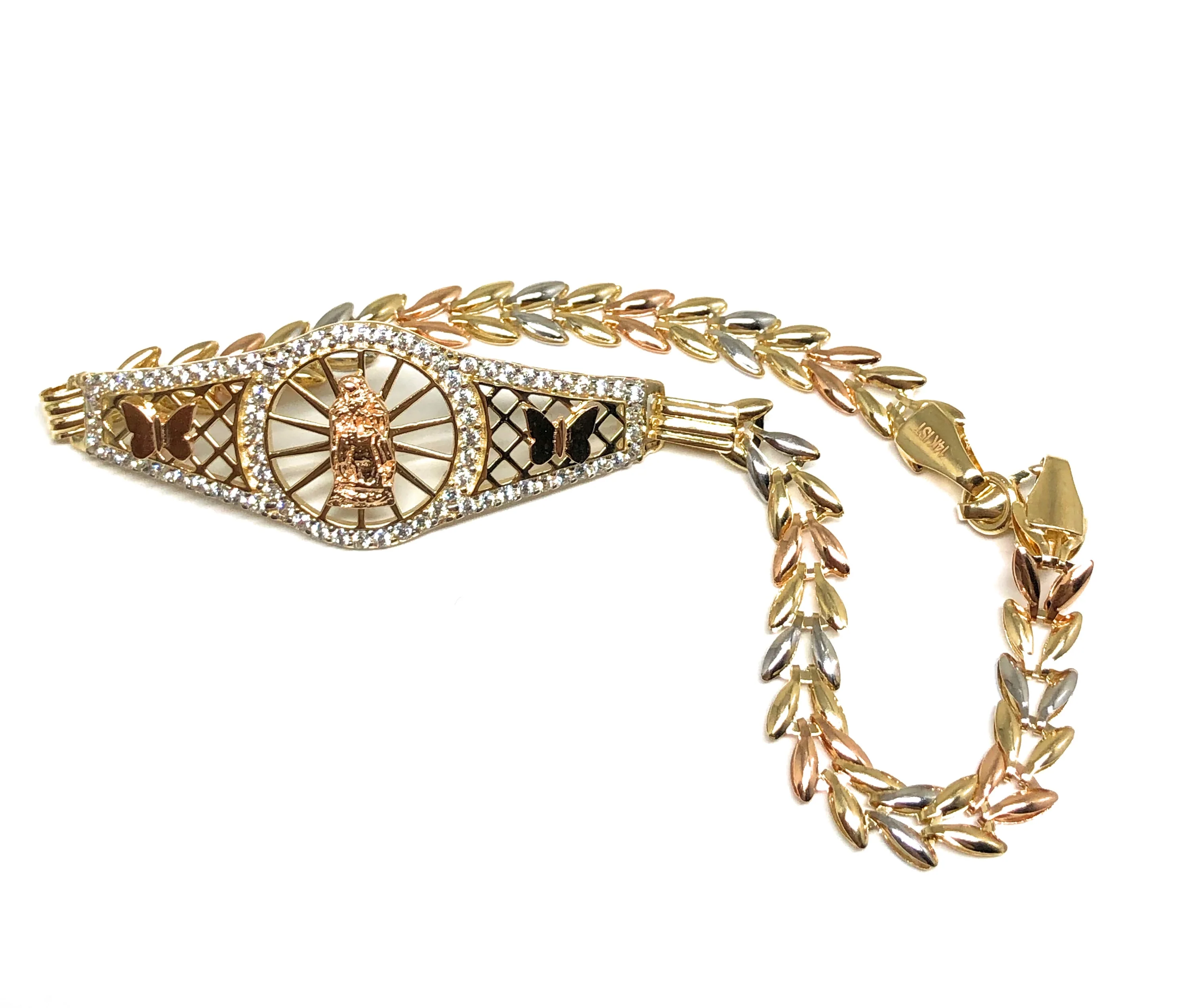 14k Solid Gold Tri-Color Butterfly Virrgin Mary Brracelet Cubic Zirconia 7.5 inch Virrgen Guadalupe - Image 3