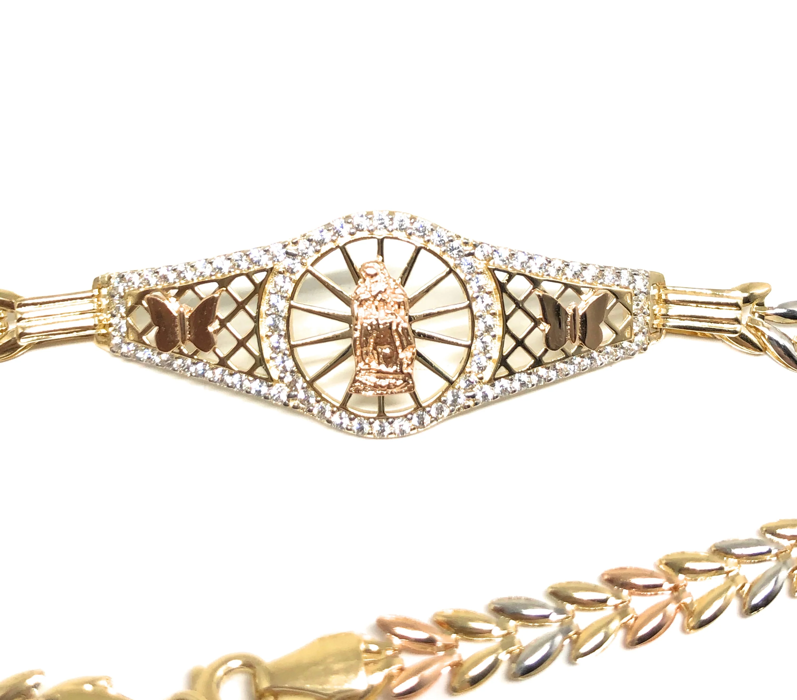 14k Solid Gold Tri-Color Butterfly Virrgin Mary Brracelet Cubic Zirconia 7.5 inch Virrgen Guadalupe - Image 4