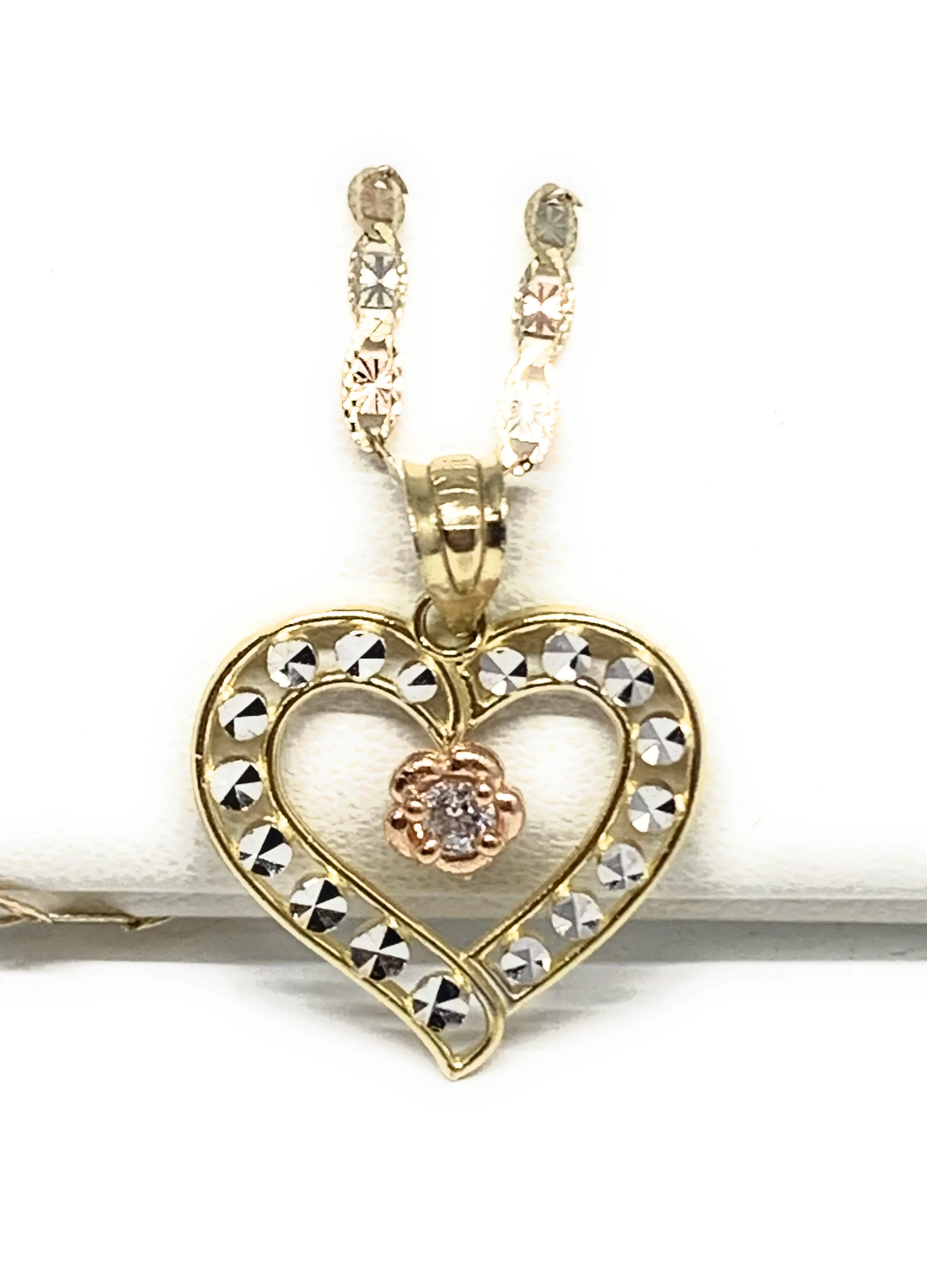 14k Solid Gold Tri-Color Flower CZ Heart Pendant Necklace