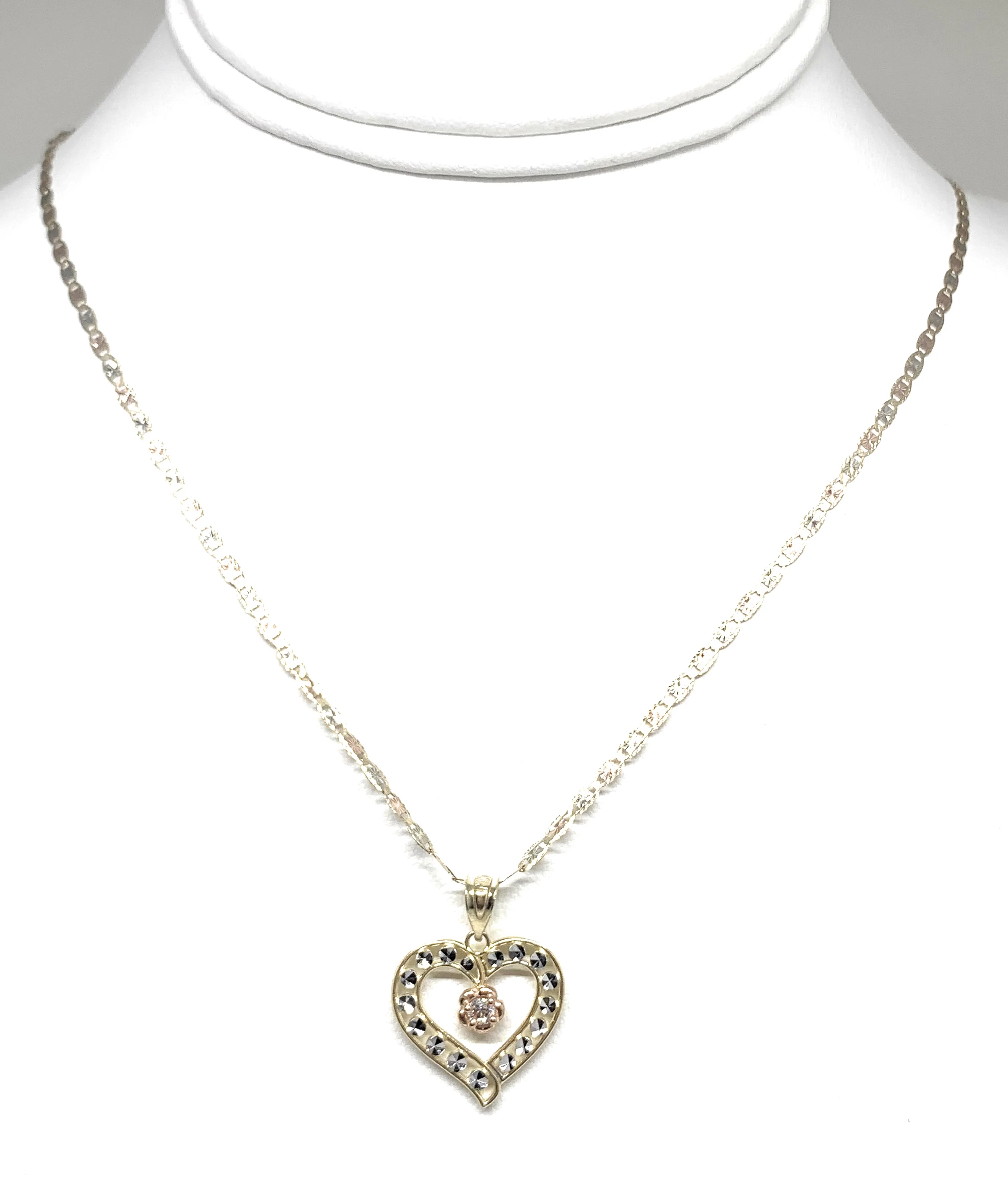 14k Solid Gold Tri-Color Flower CZ Heart Pendant Necklace - Image 4