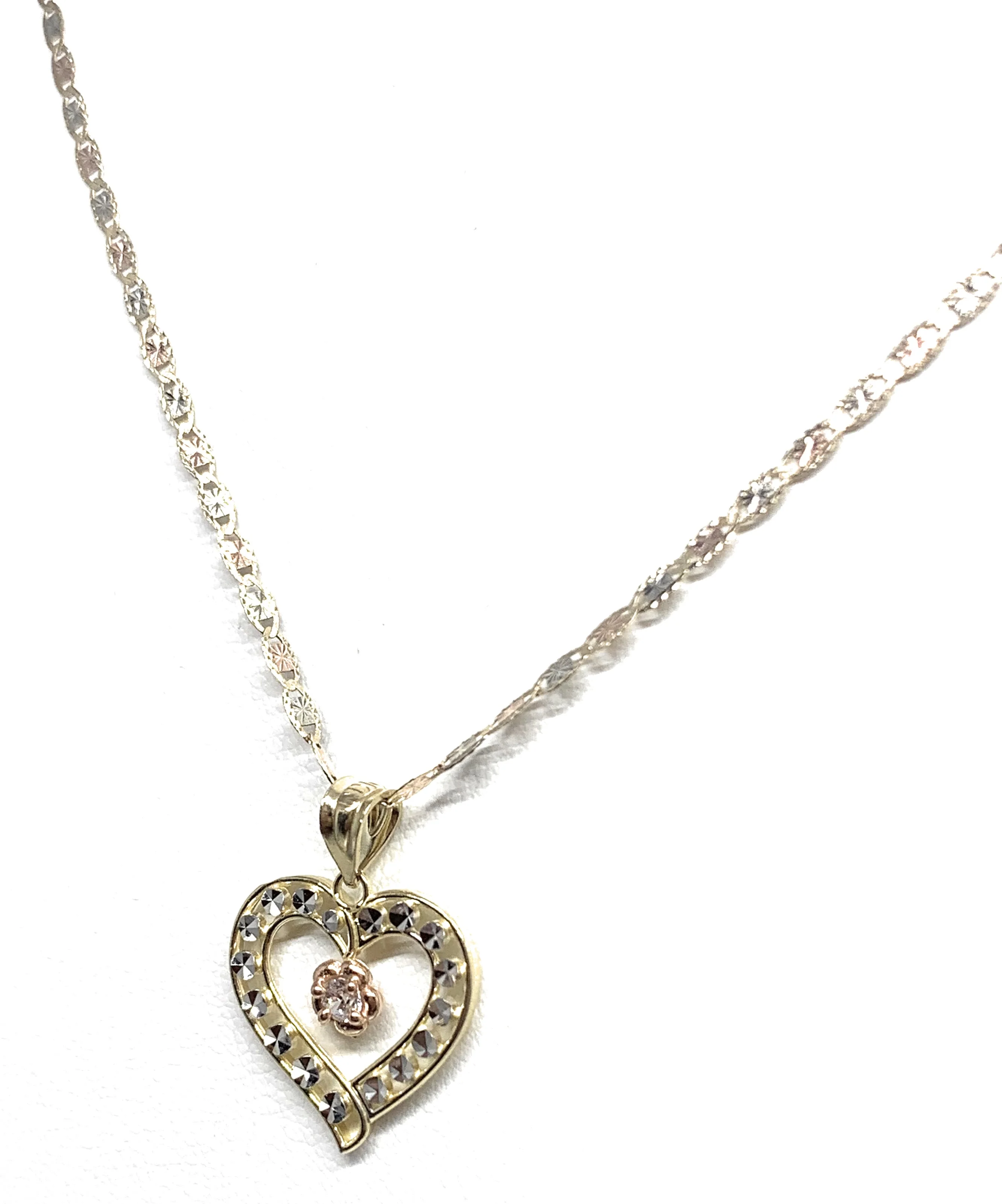 14k Solid Gold Tri-Color Flower CZ Heart Pendant Necklace - Image 5