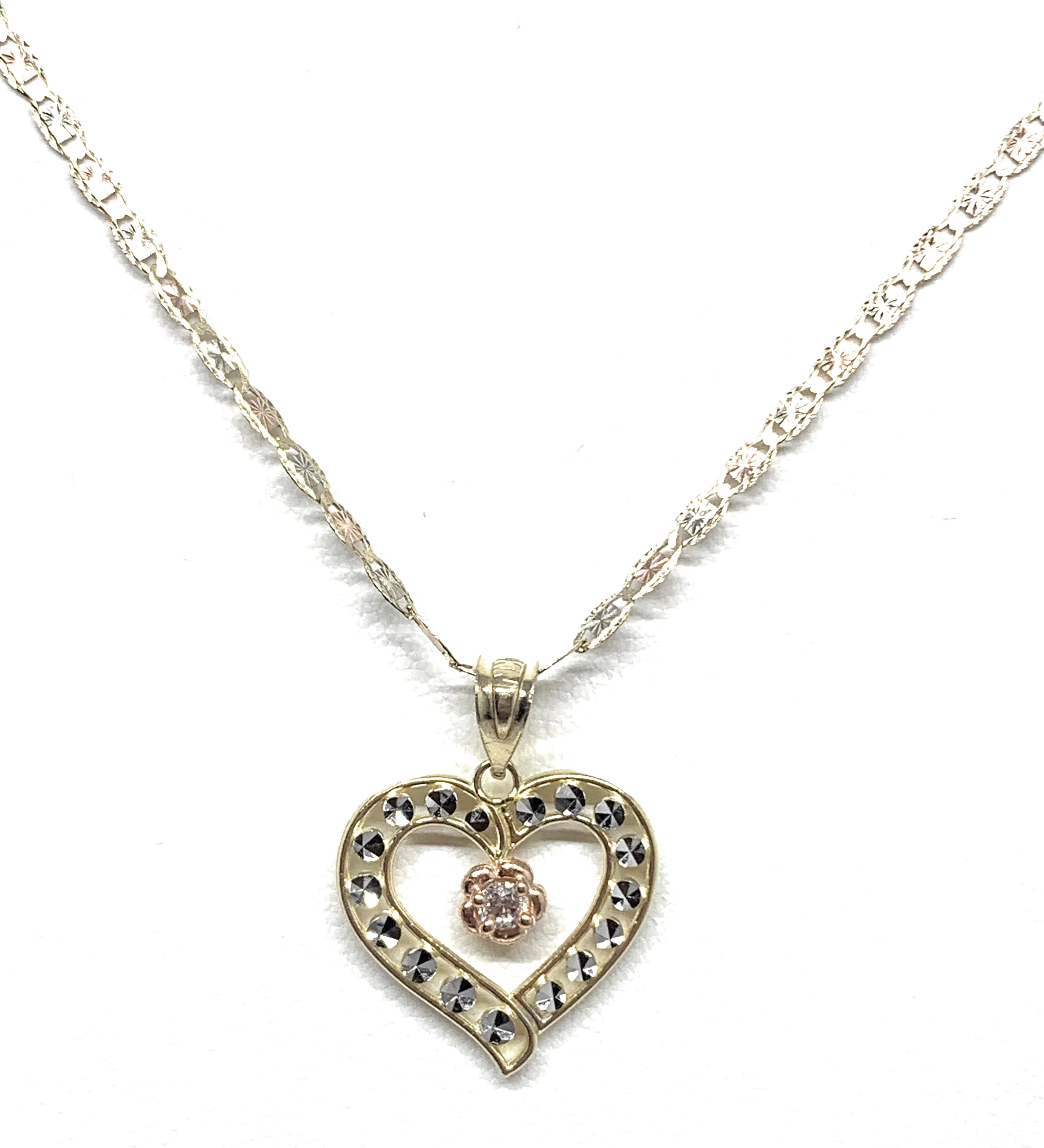 14k Solid Gold Tri-Color Flower CZ Heart Pendant Necklace - Image 6